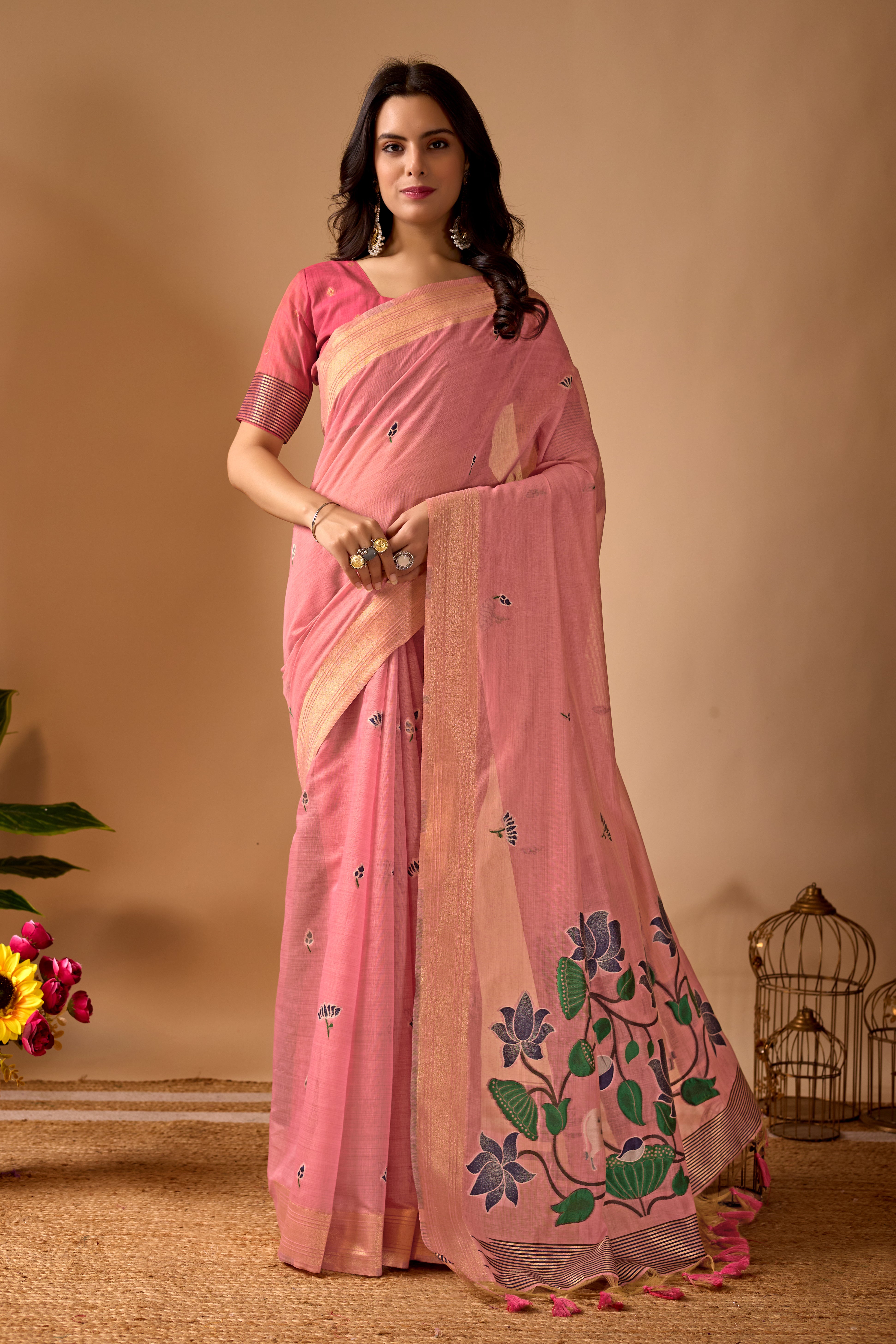 Pink Paithani Saree with Cow & Floral Pallu Design