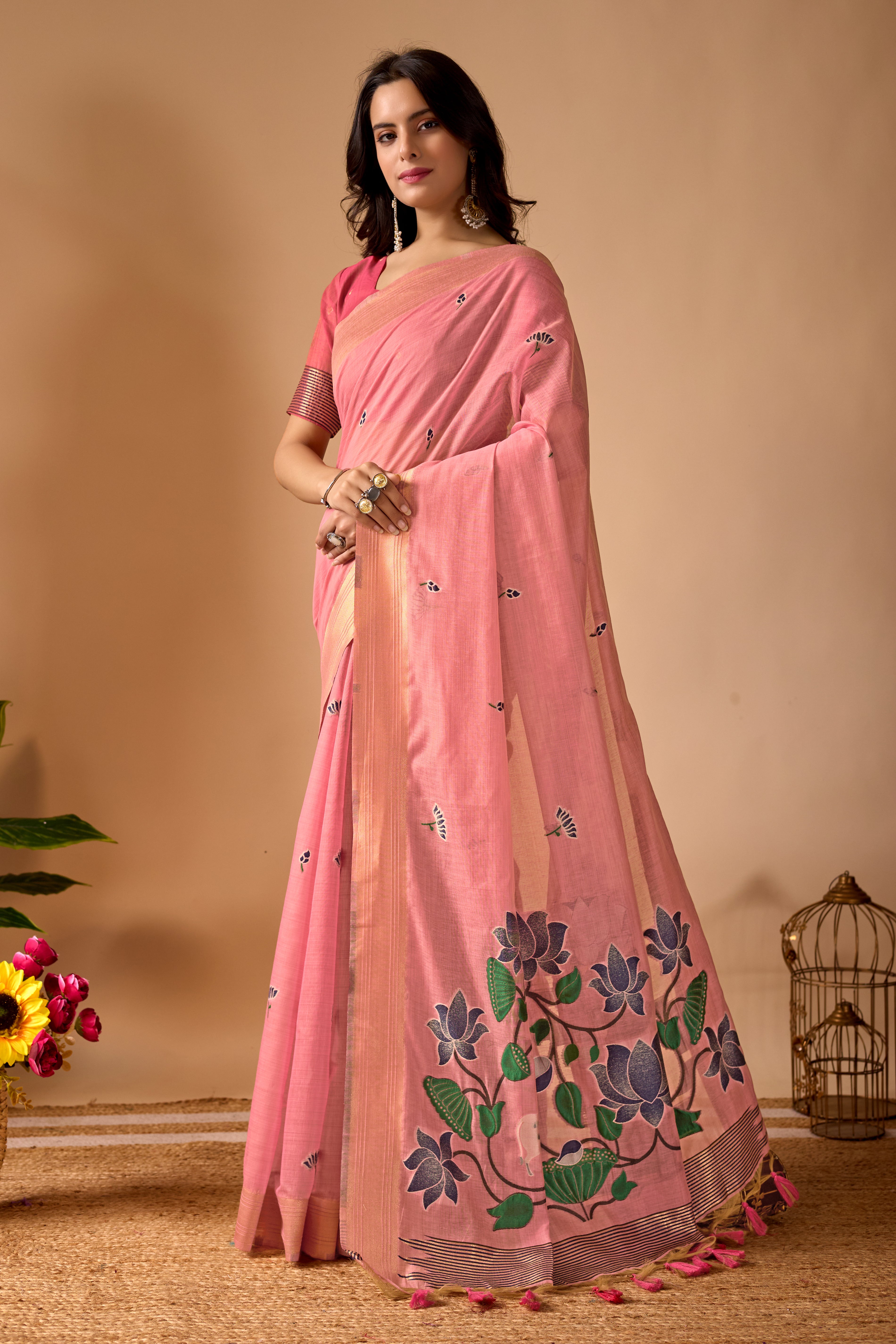 Pink Paithani Saree with Cow & Floral Pallu Design