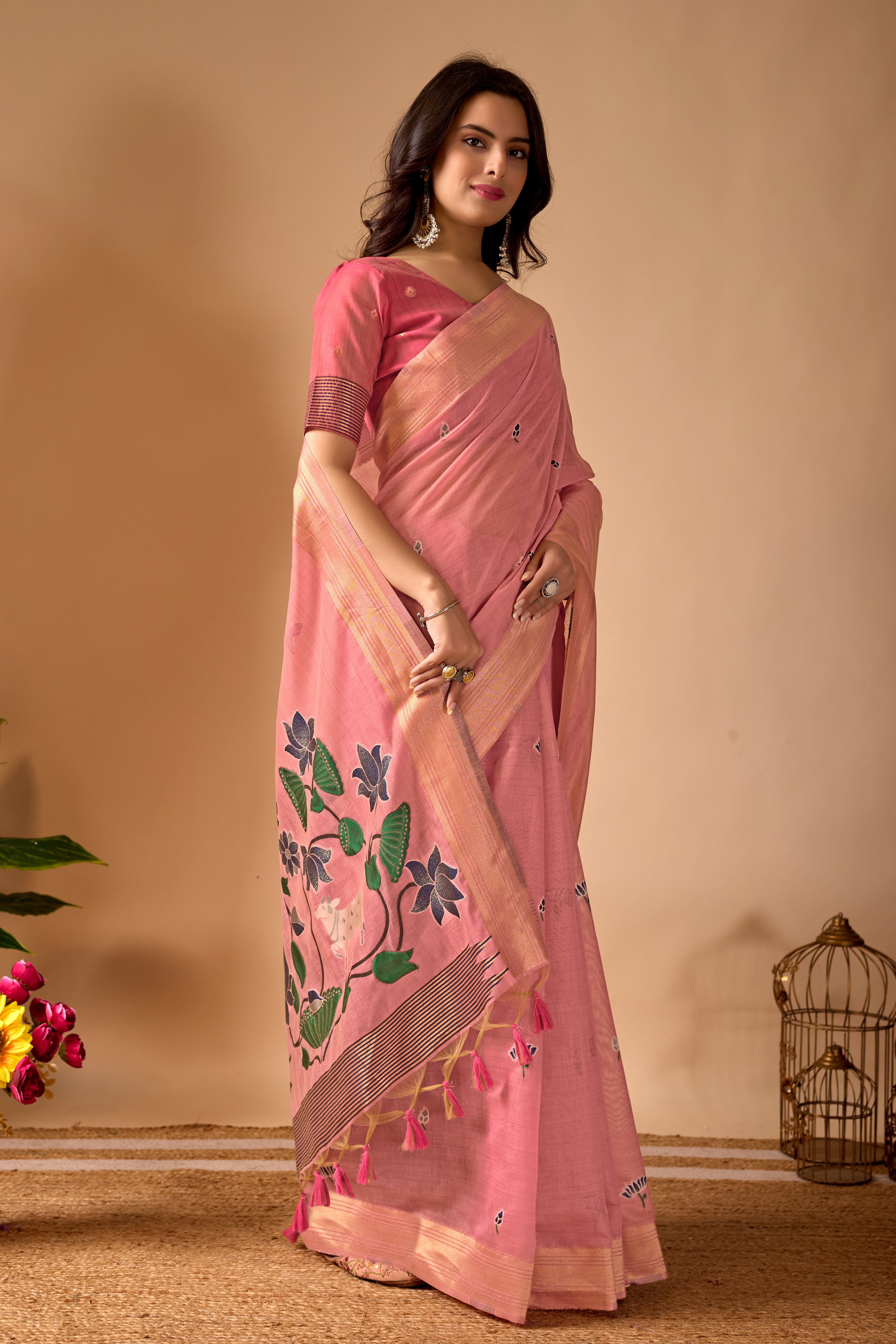 Pink Paithani Saree with Cow & Floral Pallu Design