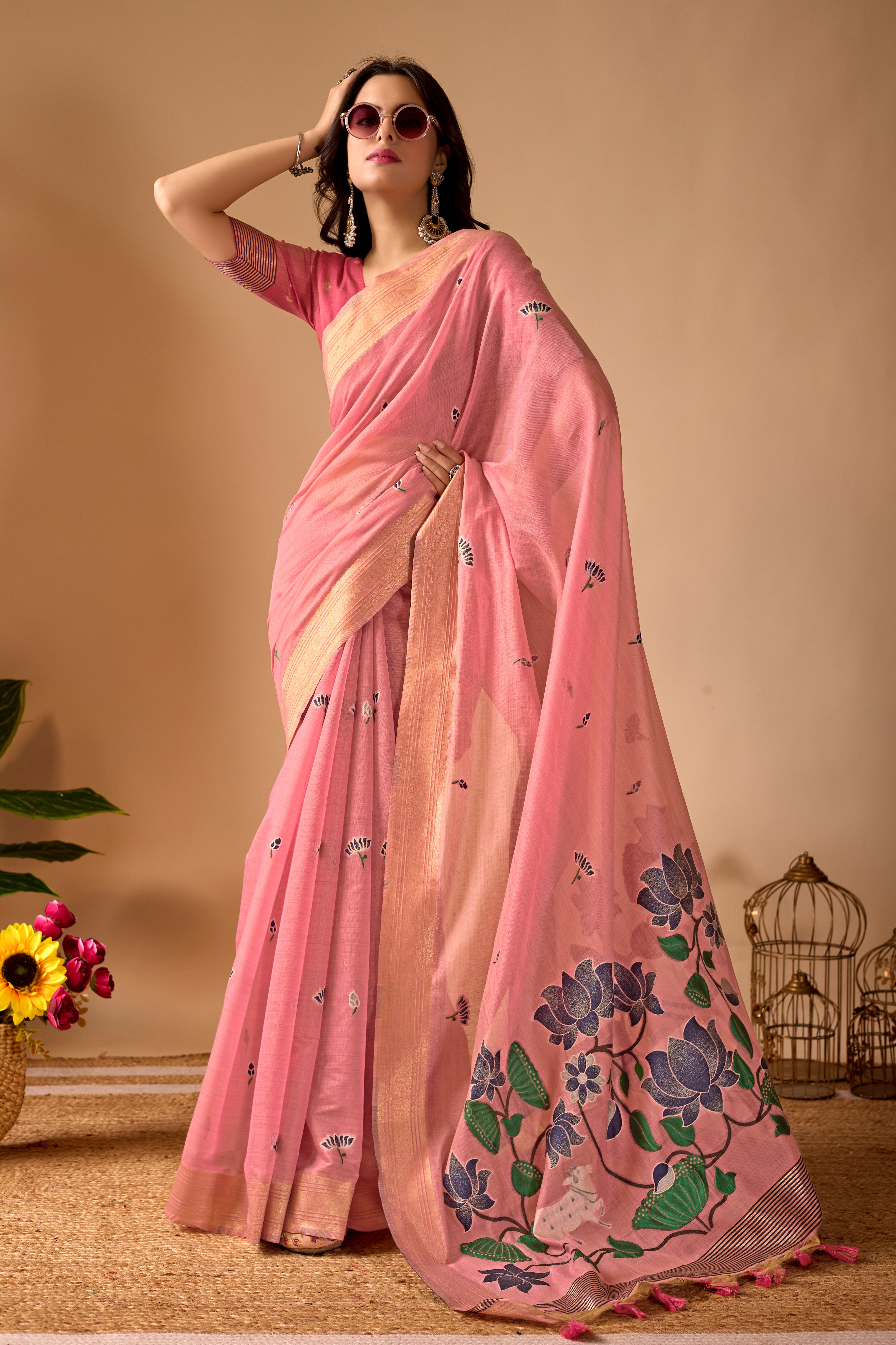 Pink Paithani Saree with Cow & Floral Pallu Design