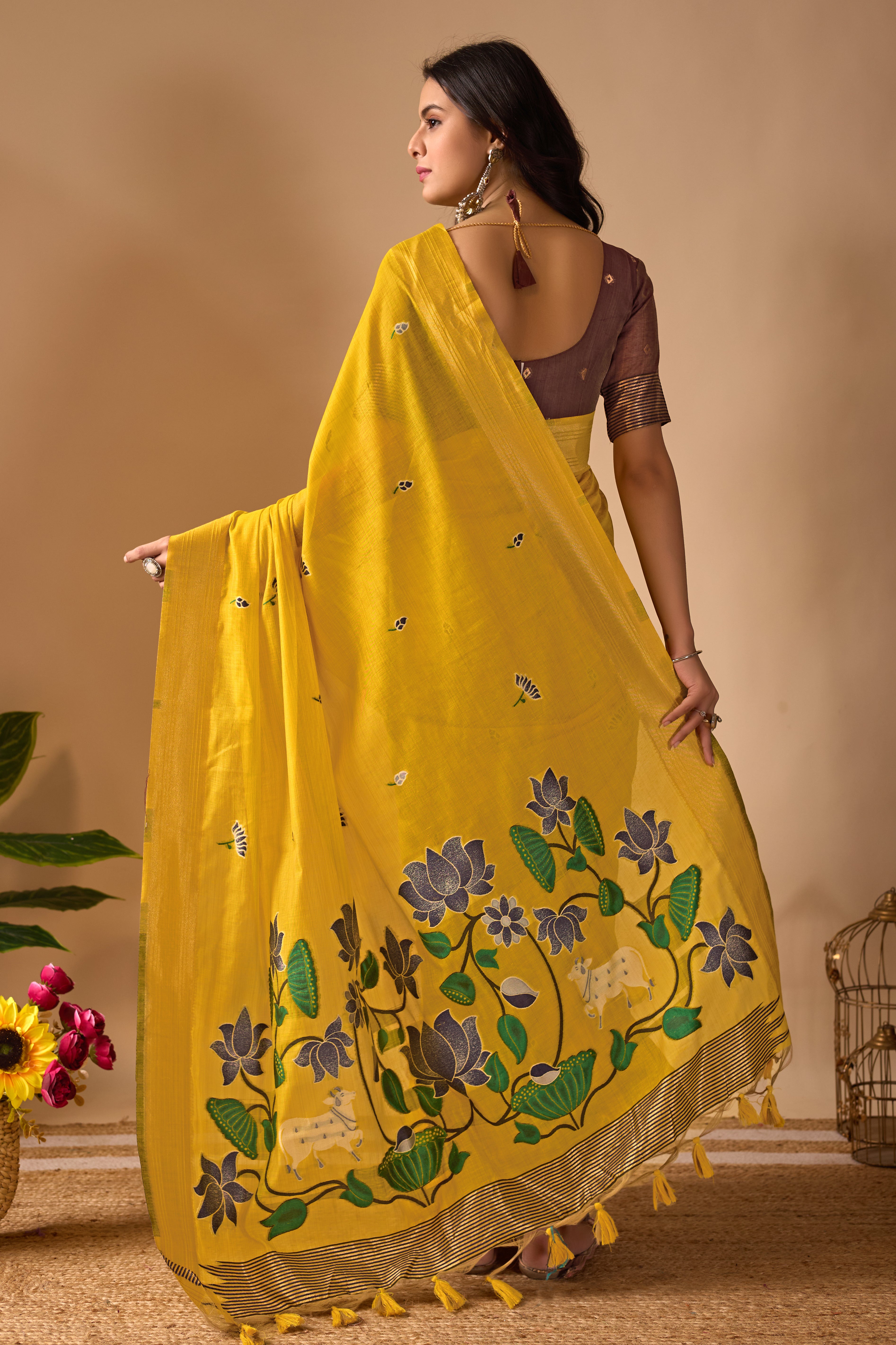 Yellow Paithani Saree with Cow & Floral Pallu Design