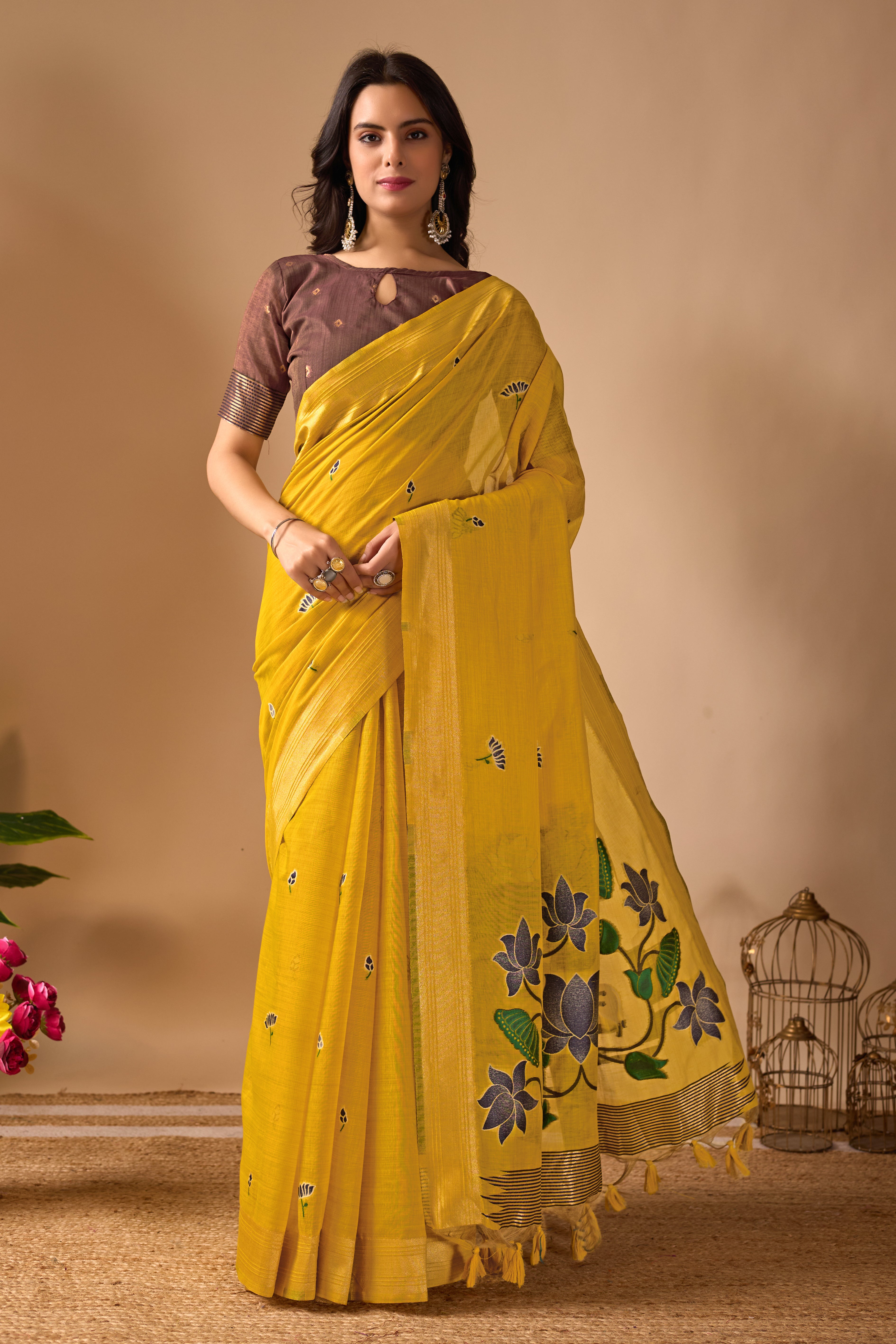 Yellow Paithani Saree with Cow & Floral Pallu Design