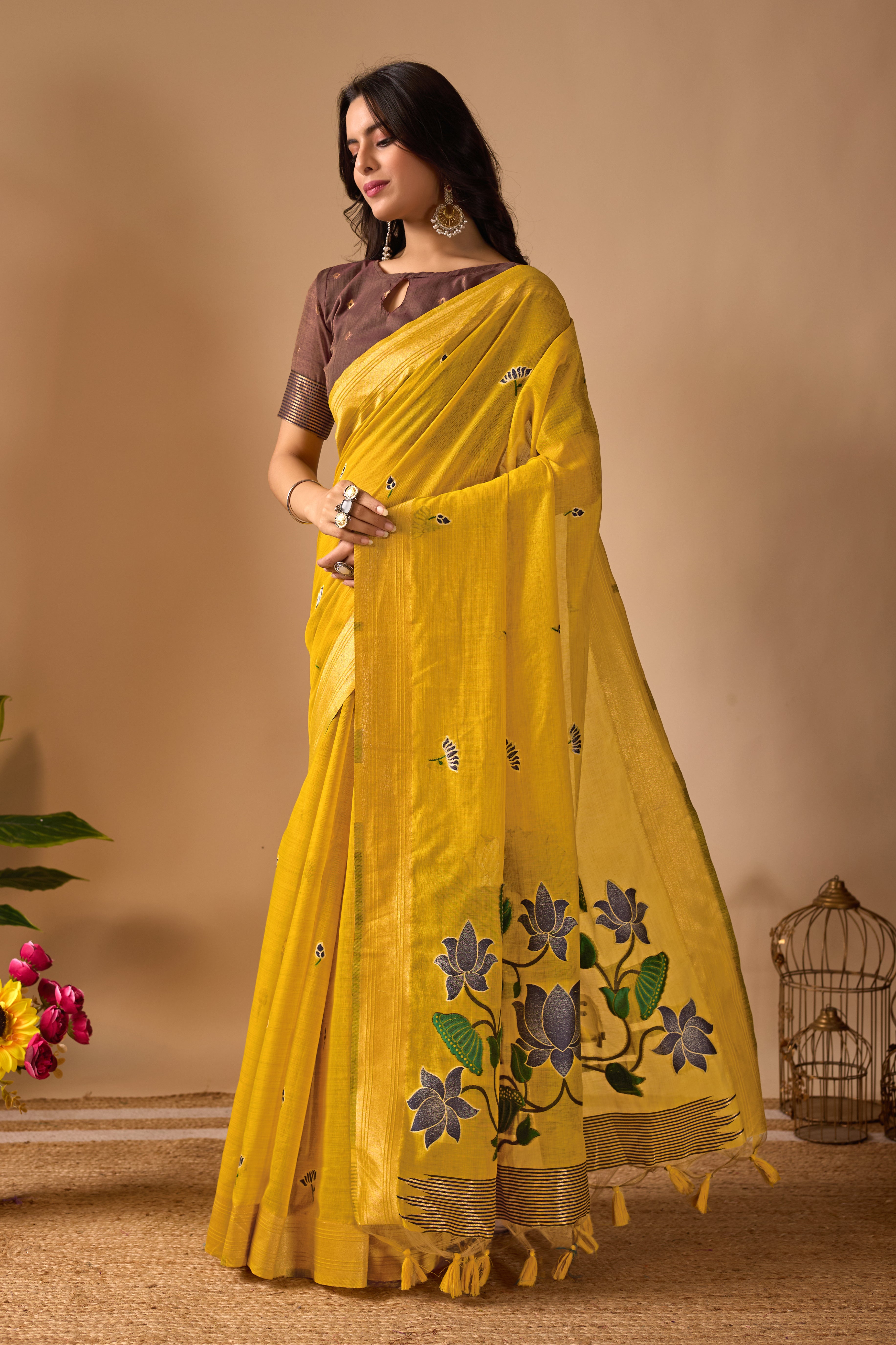Yellow Paithani Saree with Cow & Floral Pallu Design