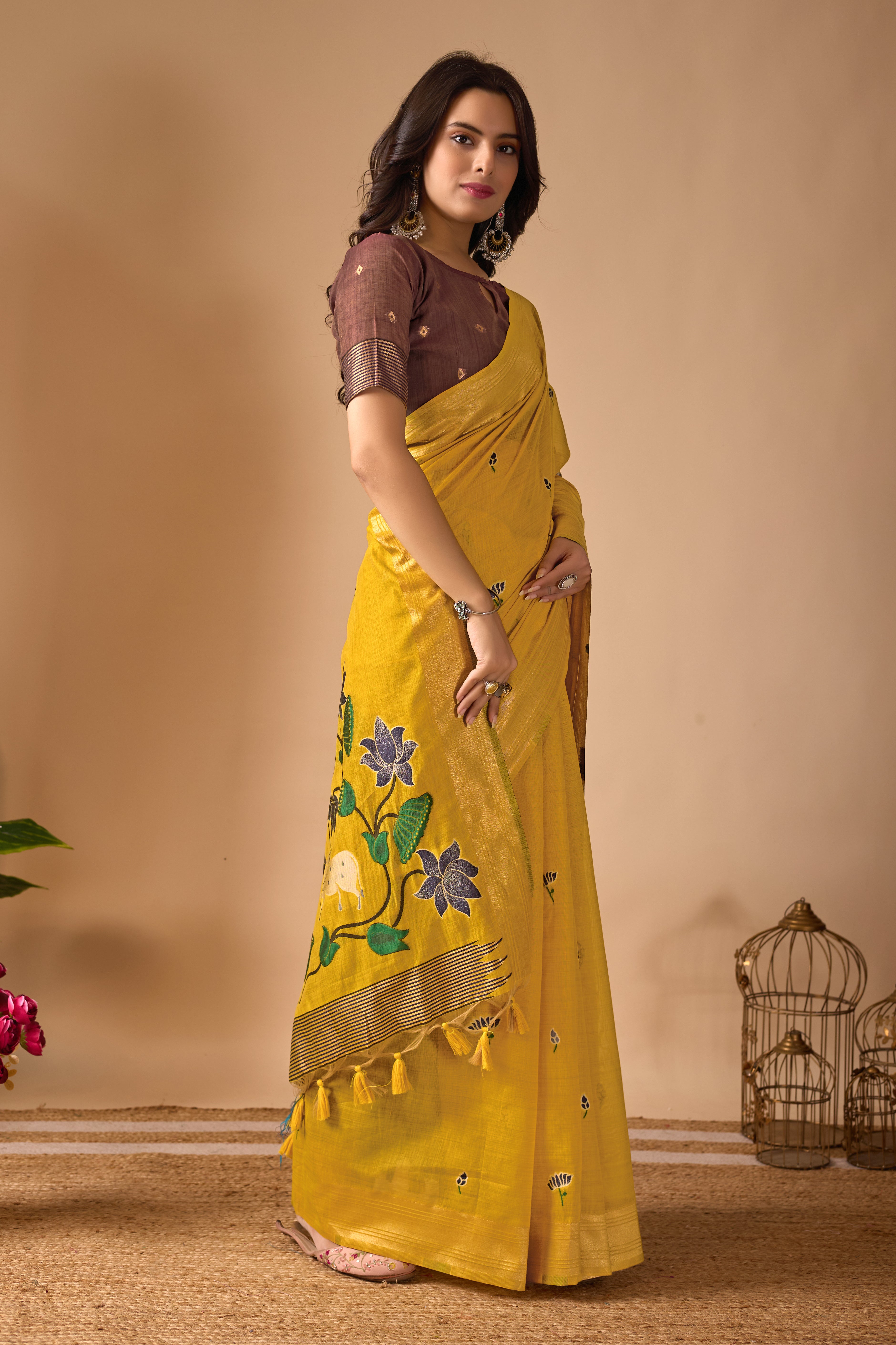 Yellow Paithani Saree with Cow & Floral Pallu Design
