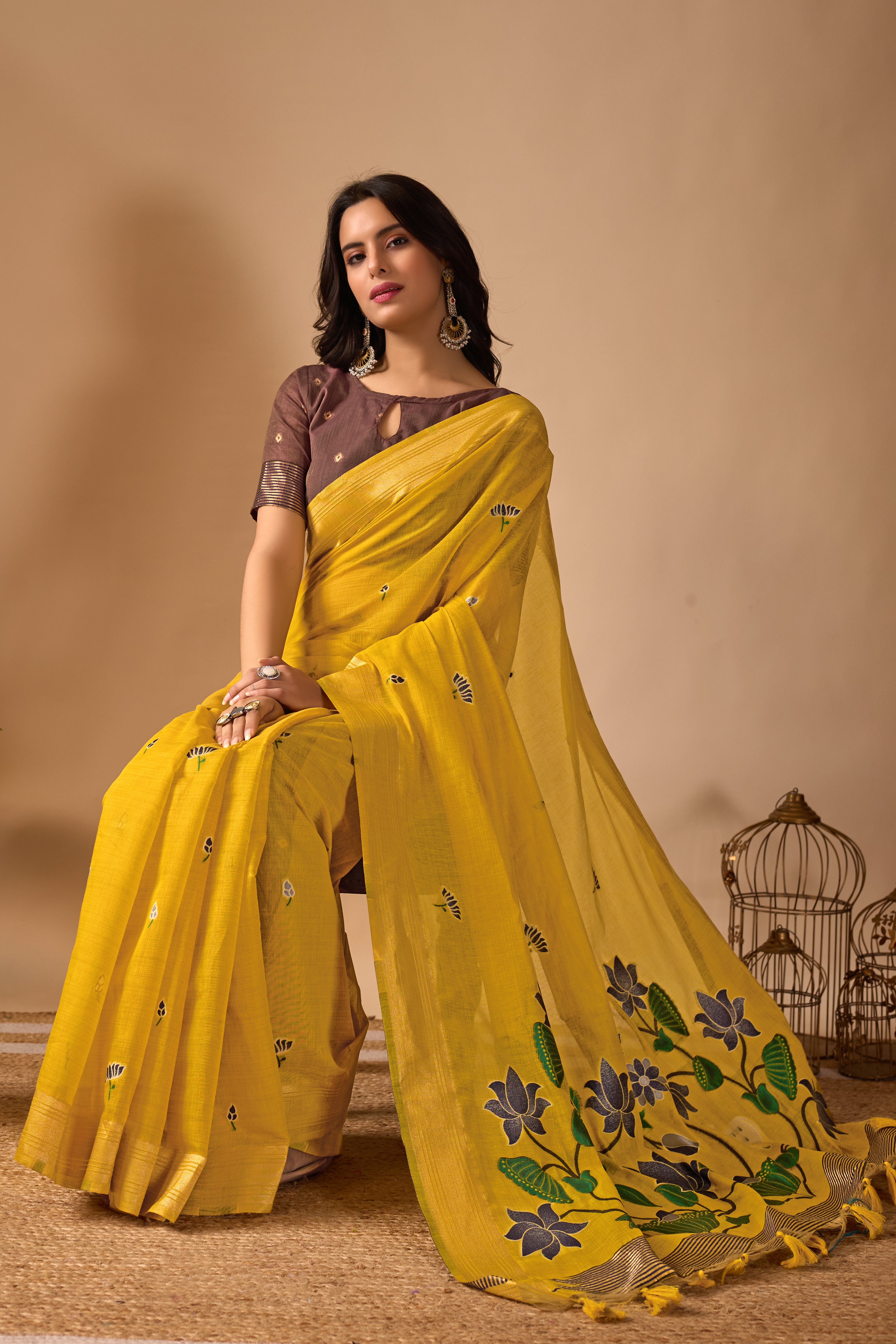 Yellow Paithani Saree with Cow & Floral Pallu Design