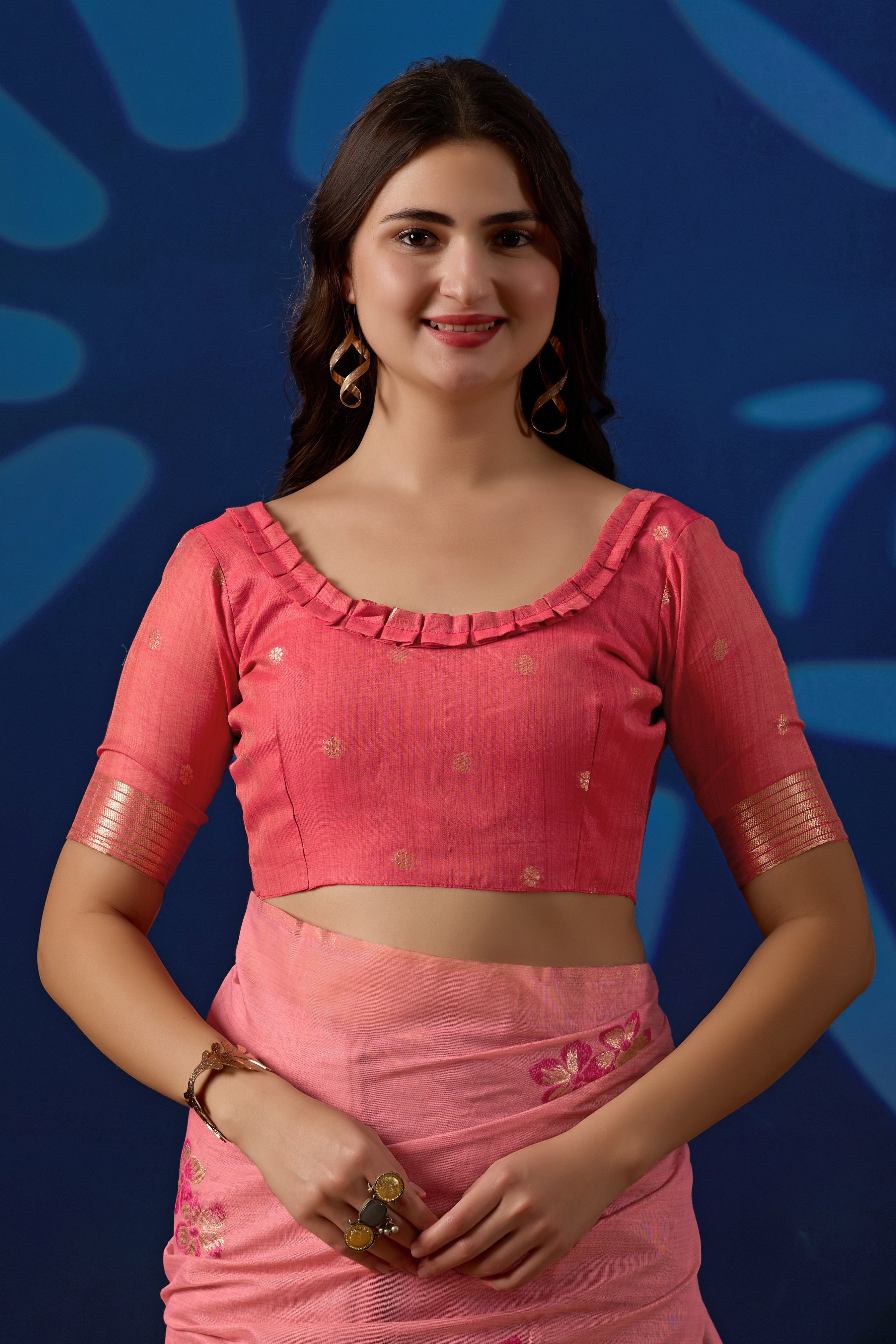 Elegant Floral Weave Muga Cotton Silk Saree in Pink with Dark Pink Contrast