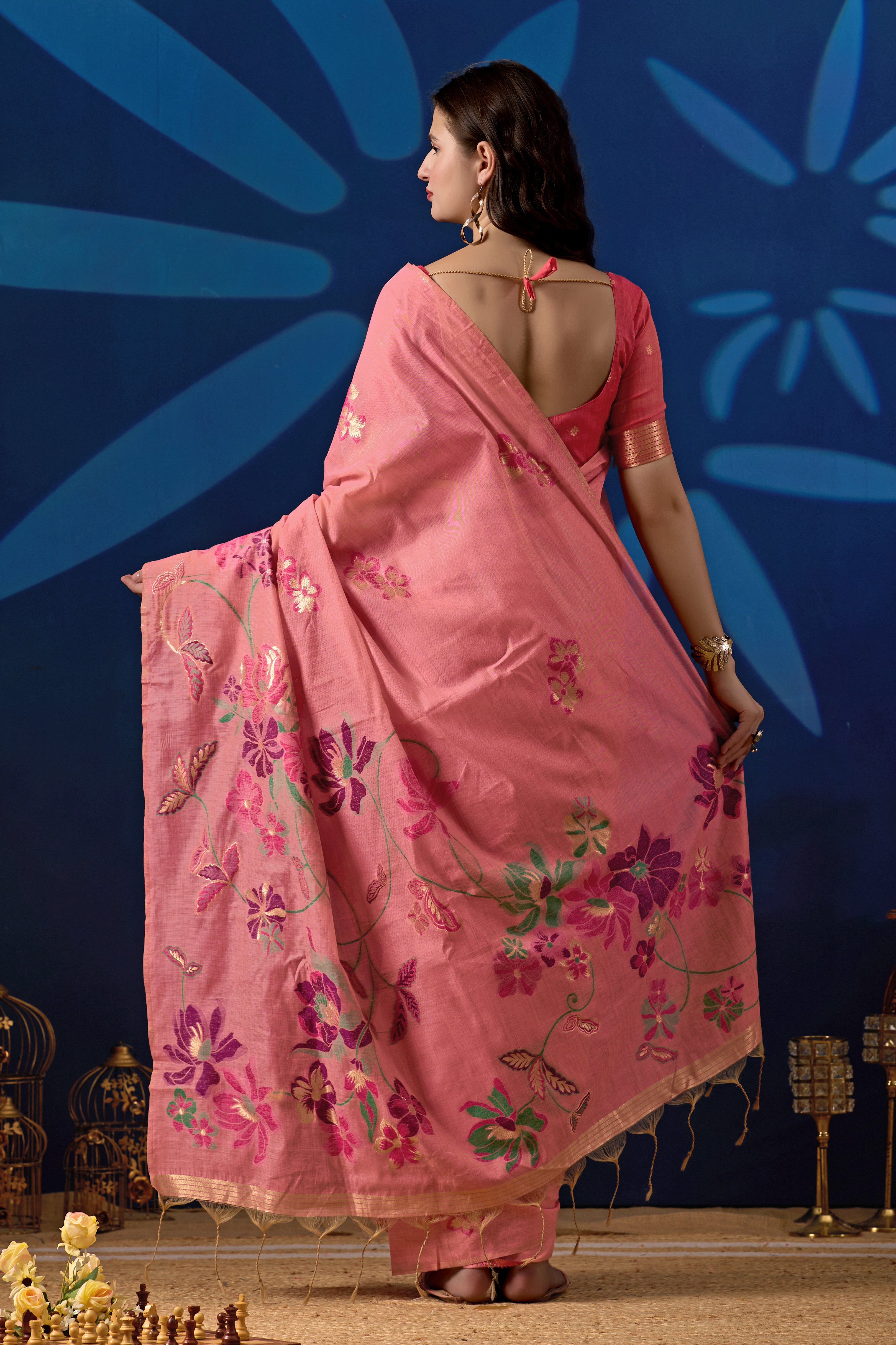 Elegant Floral Weave Muga Cotton Silk Saree in Pink with Dark Pink Contrast