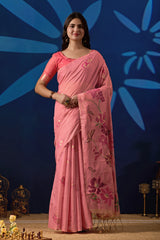 Elegant Floral Weave Muga Cotton Silk Saree in Pink with Dark Pink Contrast