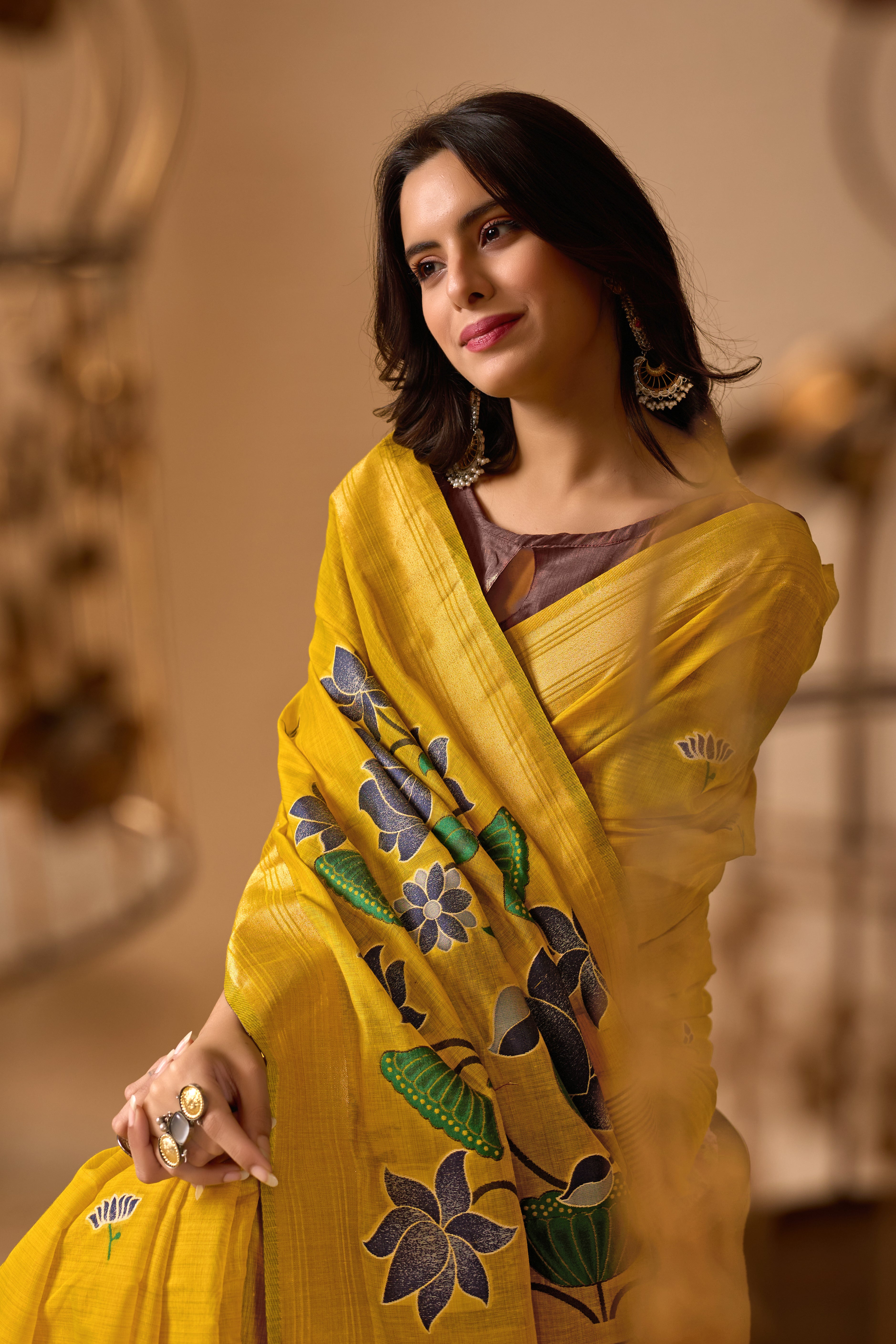 Yellow Paithani Saree with Cow & Floral Pallu Design