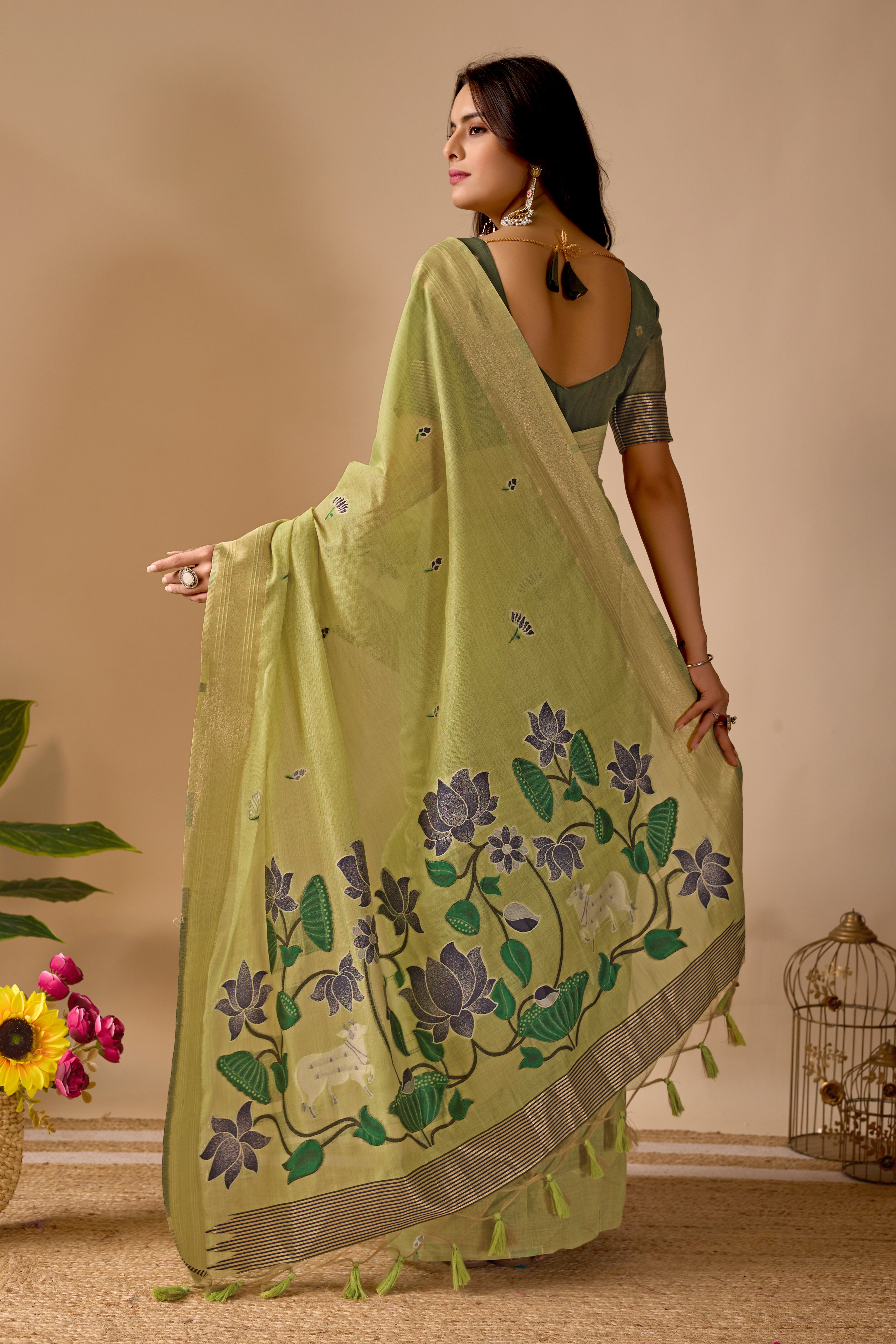 Pista Green Paithani Saree with Cow & Floral Pallu Design