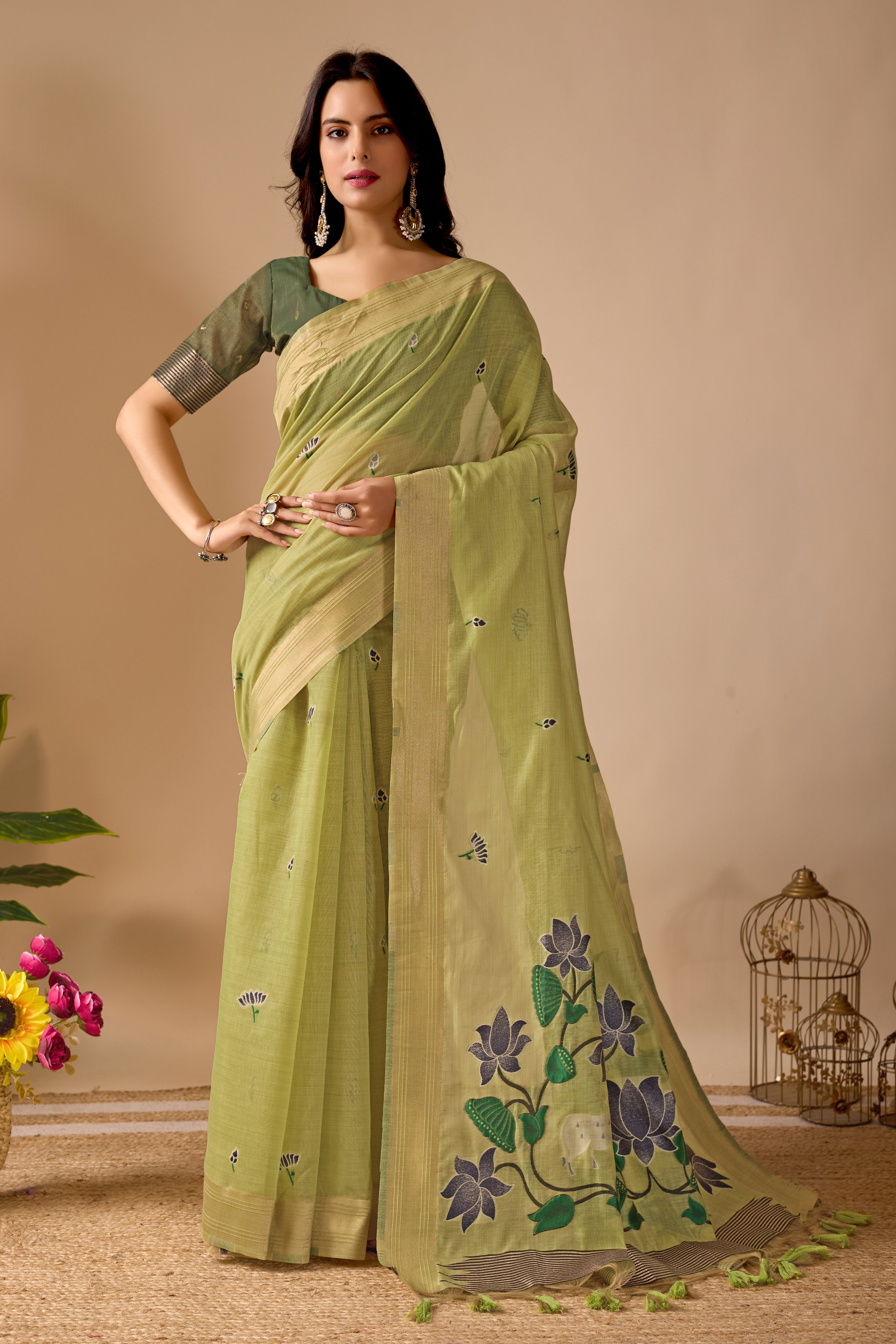 Pista Green Paithani Saree with Cow & Floral Pallu Design