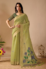 Pista Green Paithani Saree with Cow & Floral Pallu Design