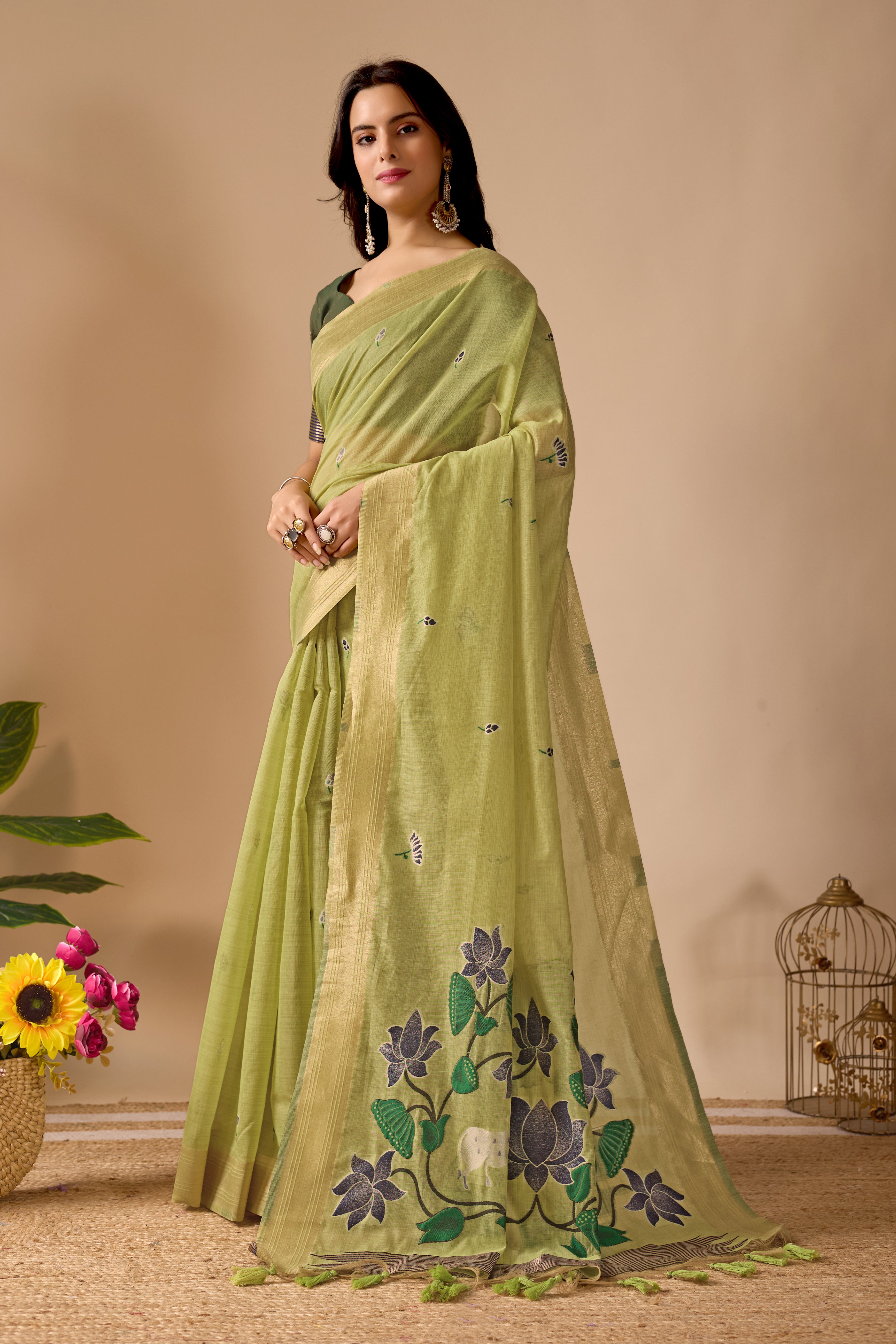 Pista Green Paithani Saree with Cow & Floral Pallu Design
