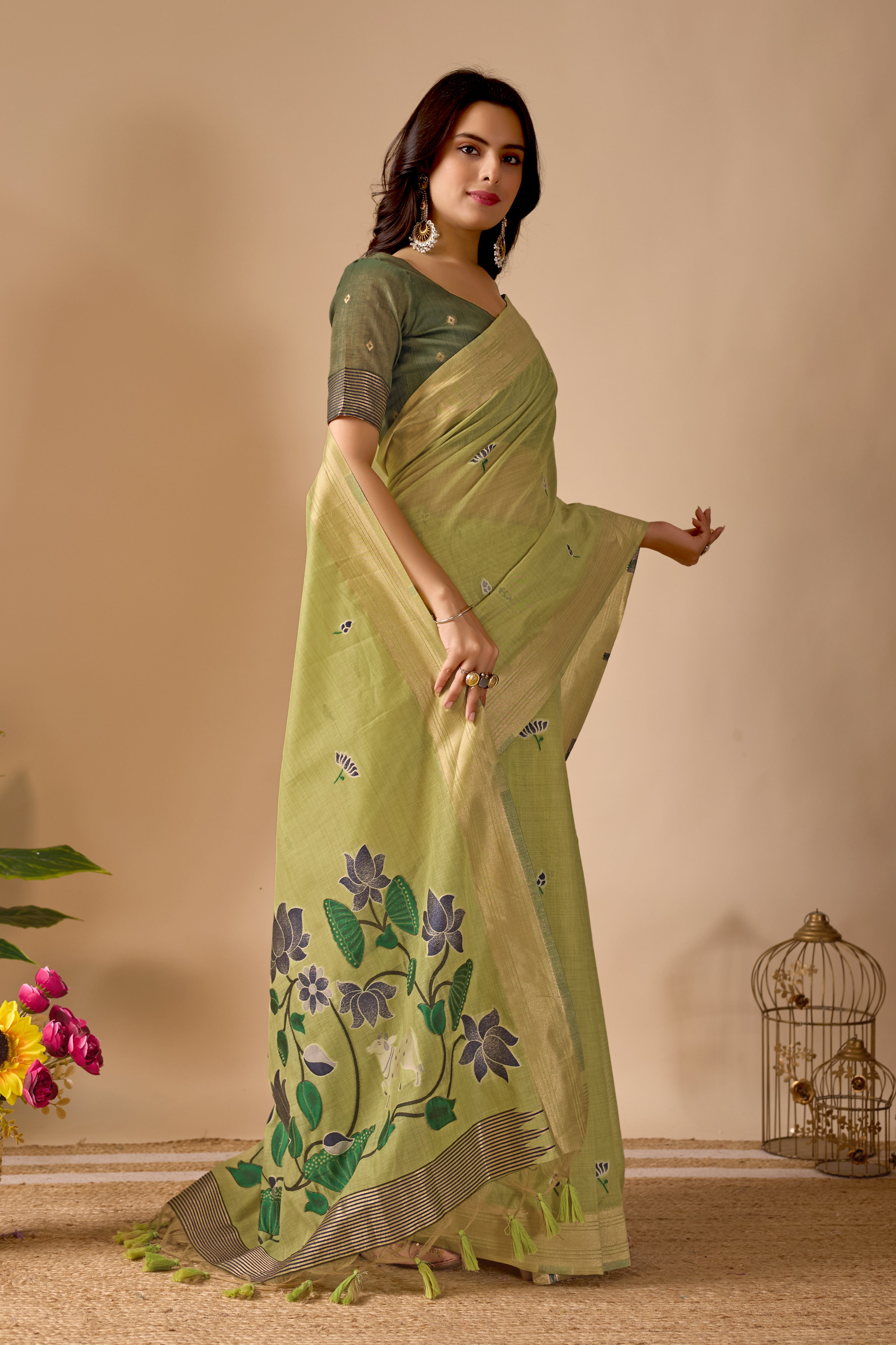Pista Green Paithani Saree with Cow & Floral Pallu Design
