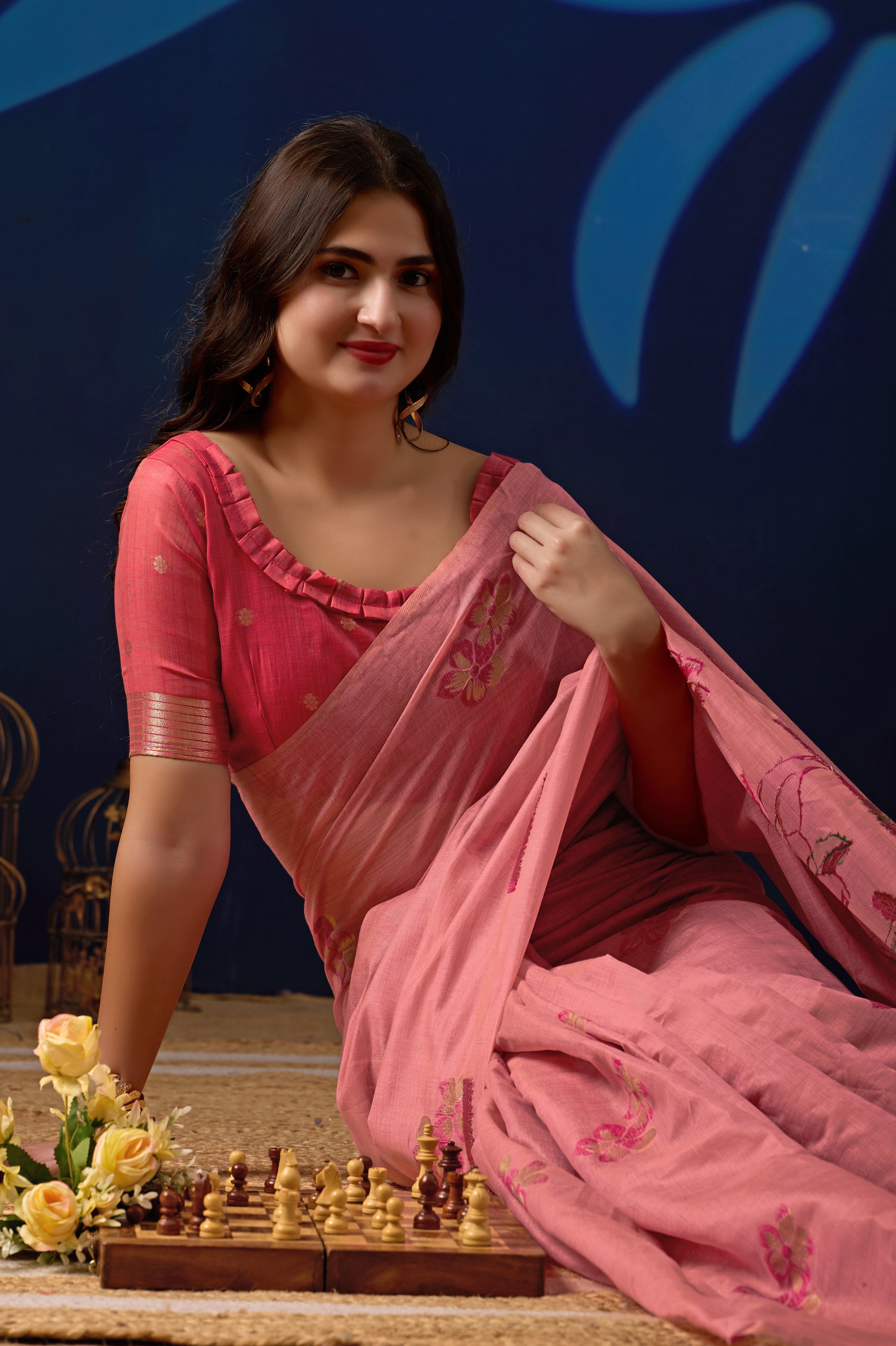 Elegant Floral Weave Muga Cotton Silk Saree in Pink with Dark Pink Contrast