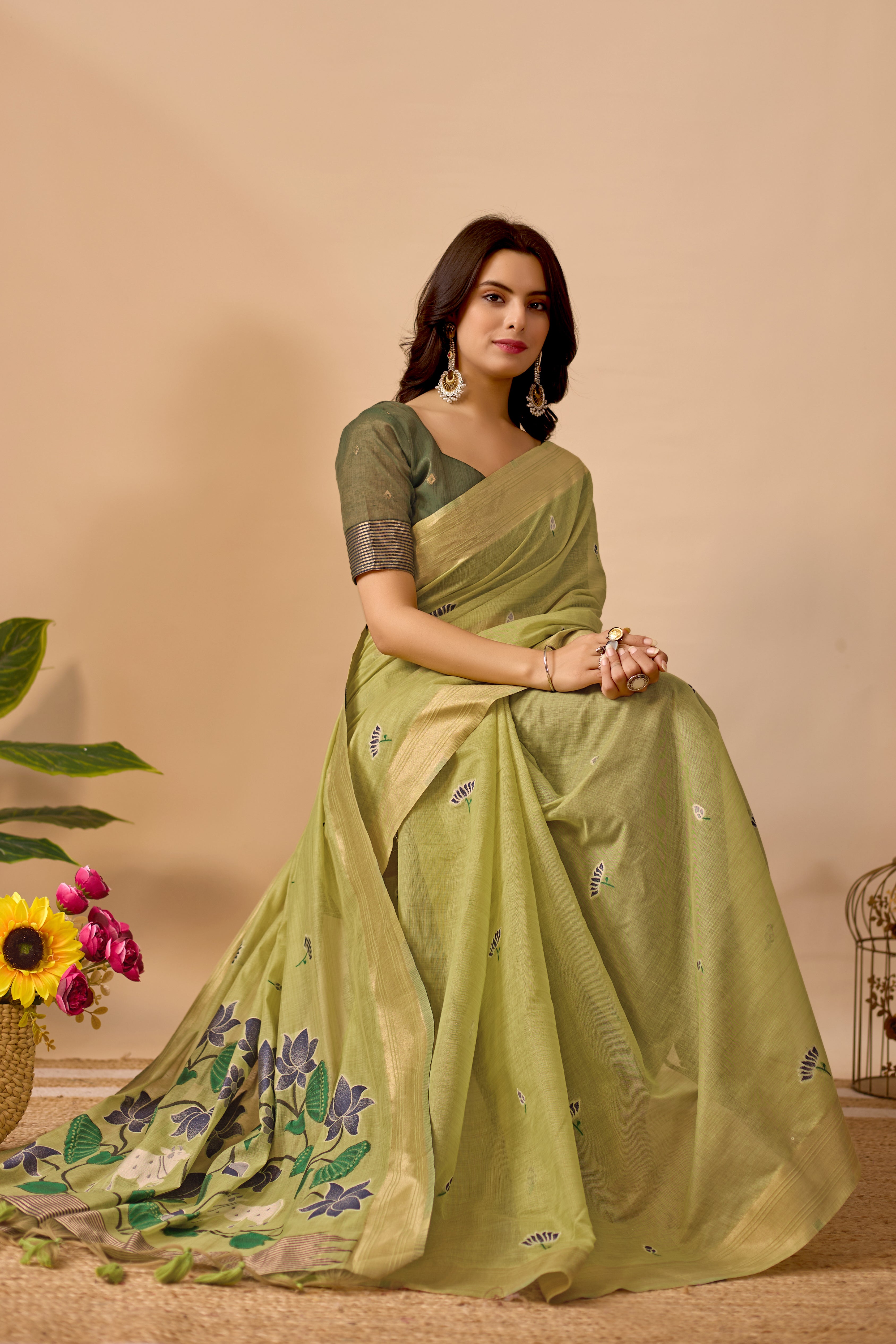 Pista Green Paithani Saree with Cow & Floral Pallu Design