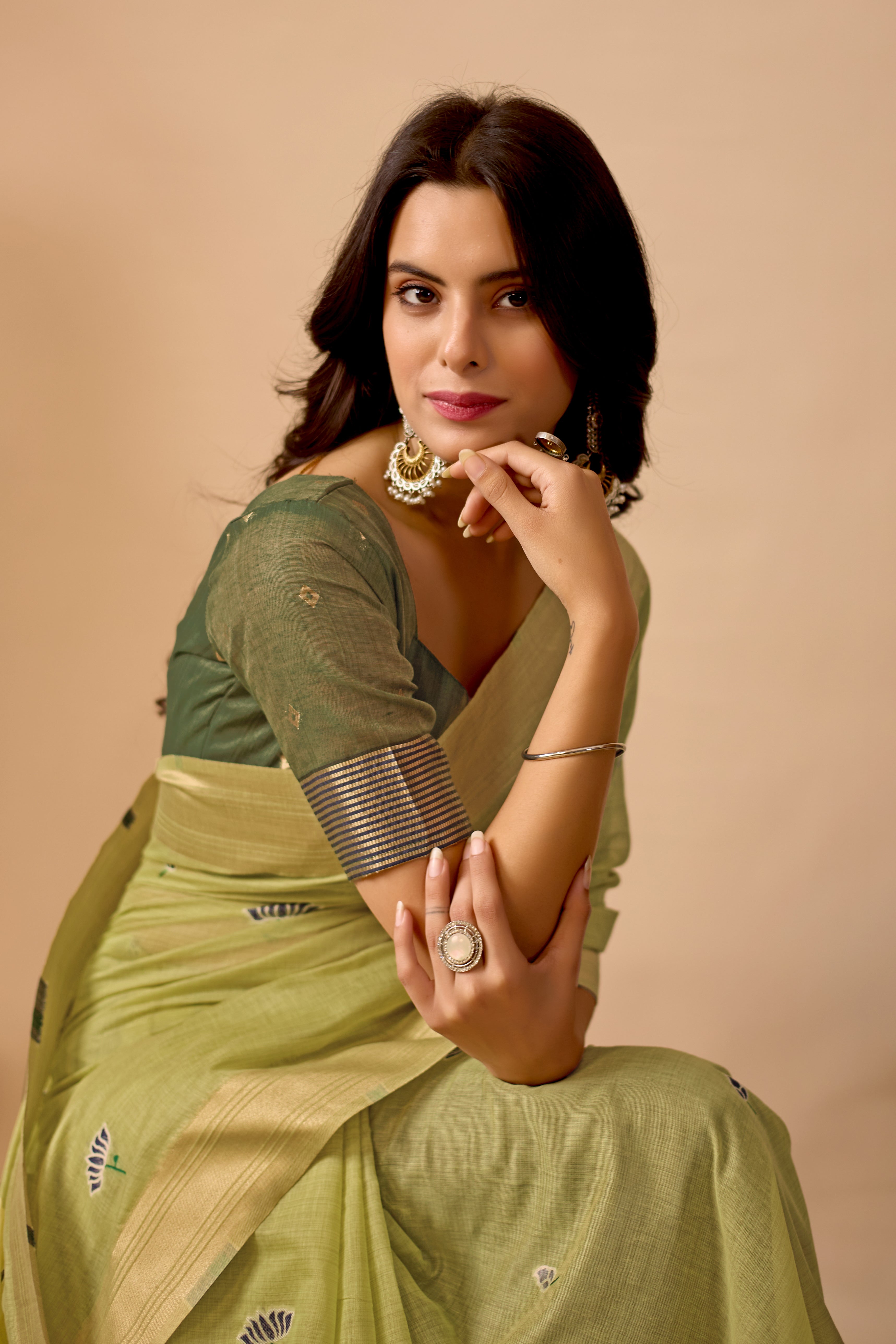 Pista Green Paithani Saree with Cow & Floral Pallu Design