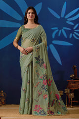 Elegant Floral Weave Muga Cotton Silk Saree in Green with Dark Green Contrast