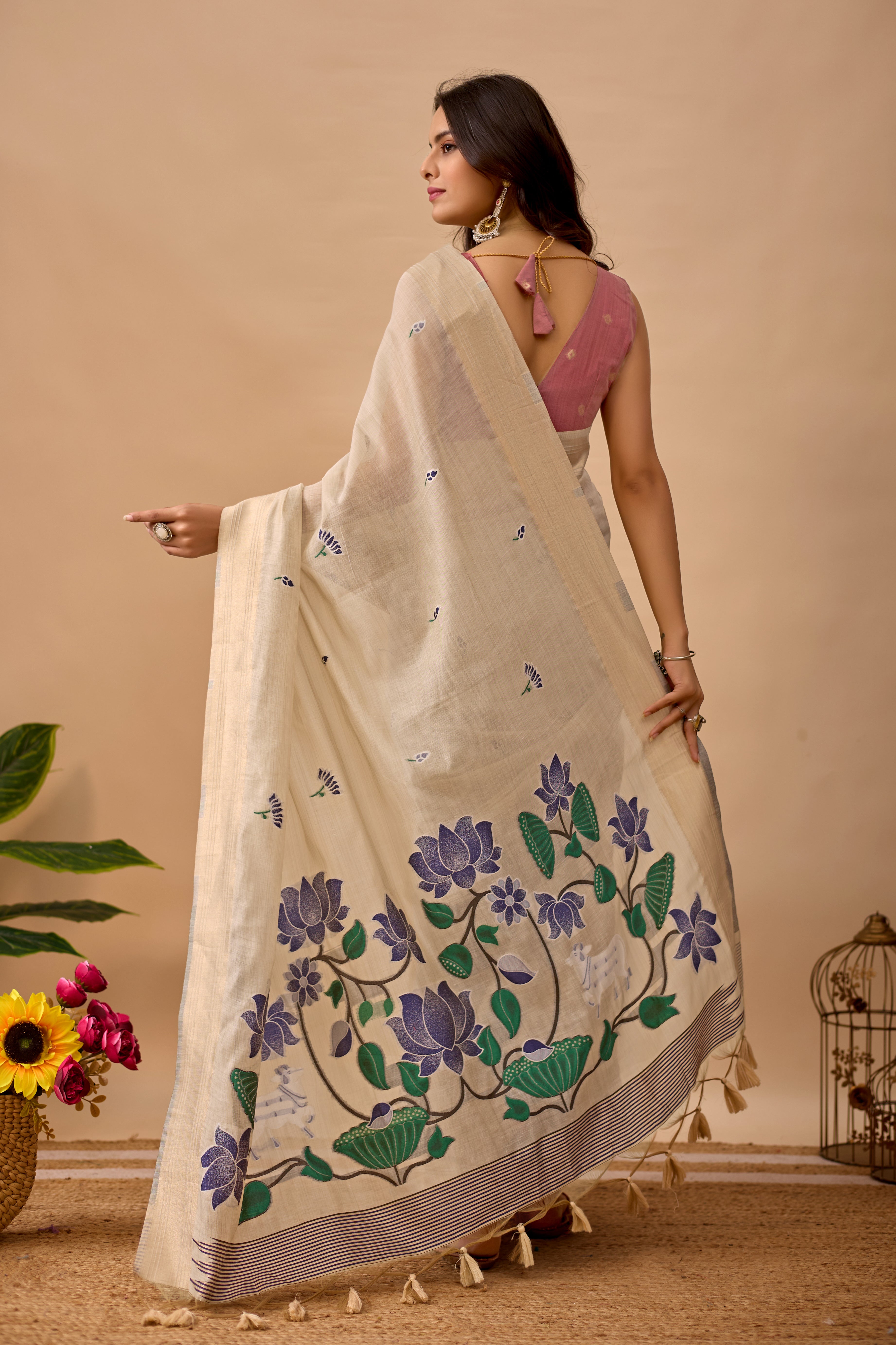 Cream Paithani Saree with Cow & Floral Pallu Design