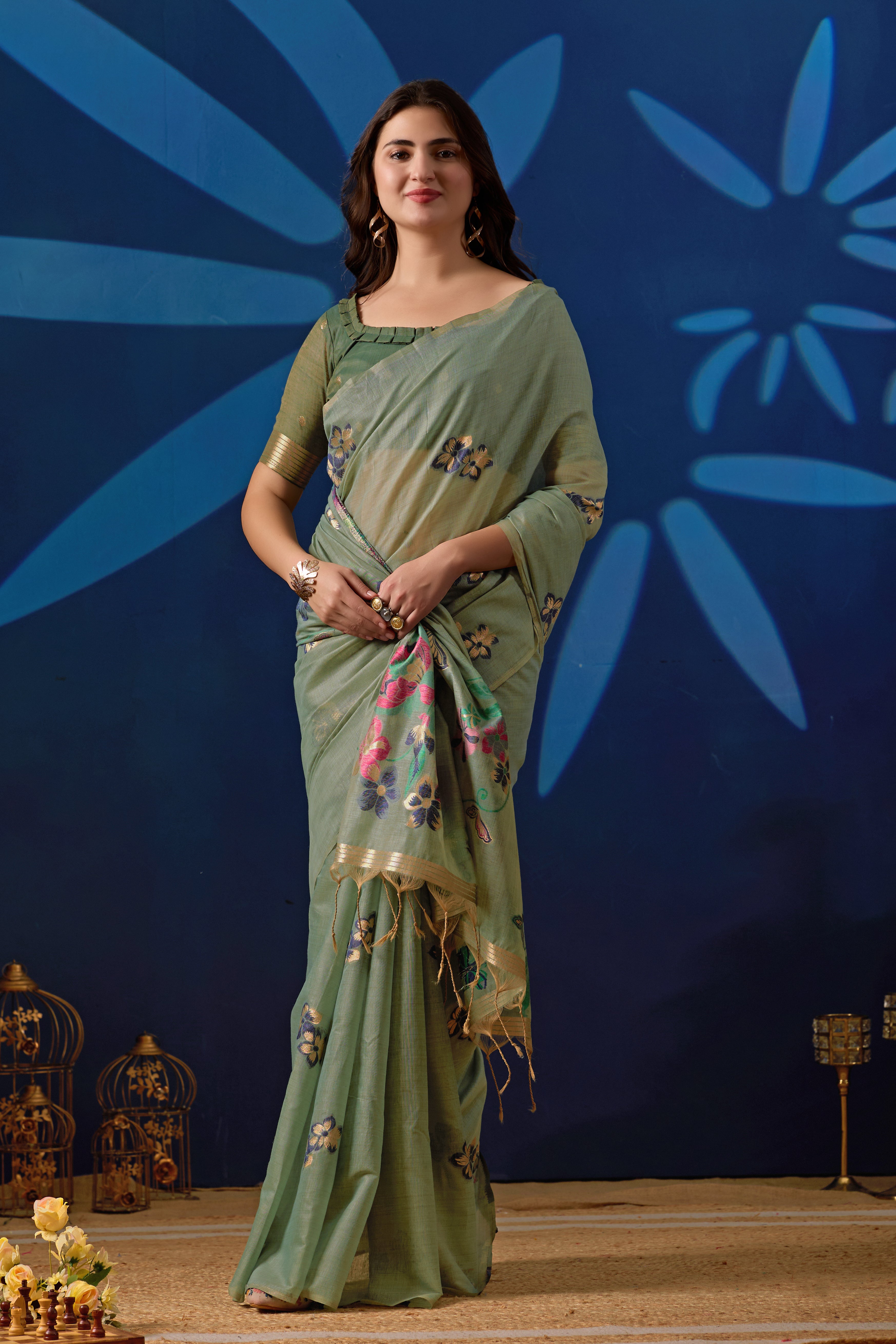 Elegant Floral Weave Muga Cotton Silk Saree in Green with Dark Green Contrast