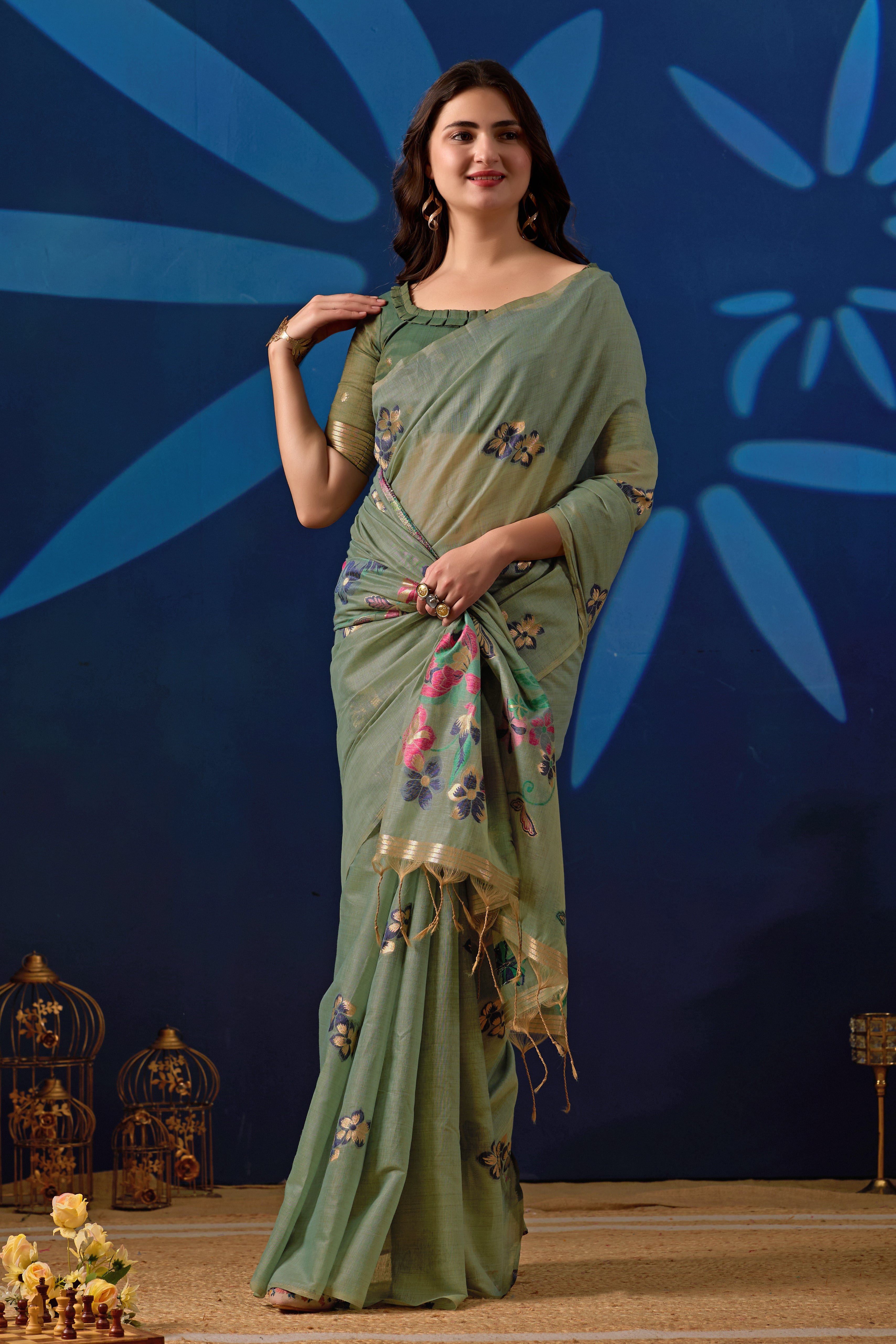 Elegant Floral Weave Muga Cotton Silk Saree in Green with Dark Green Contrast