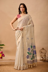 Cream Paithani Saree with Cow & Floral Pallu Design