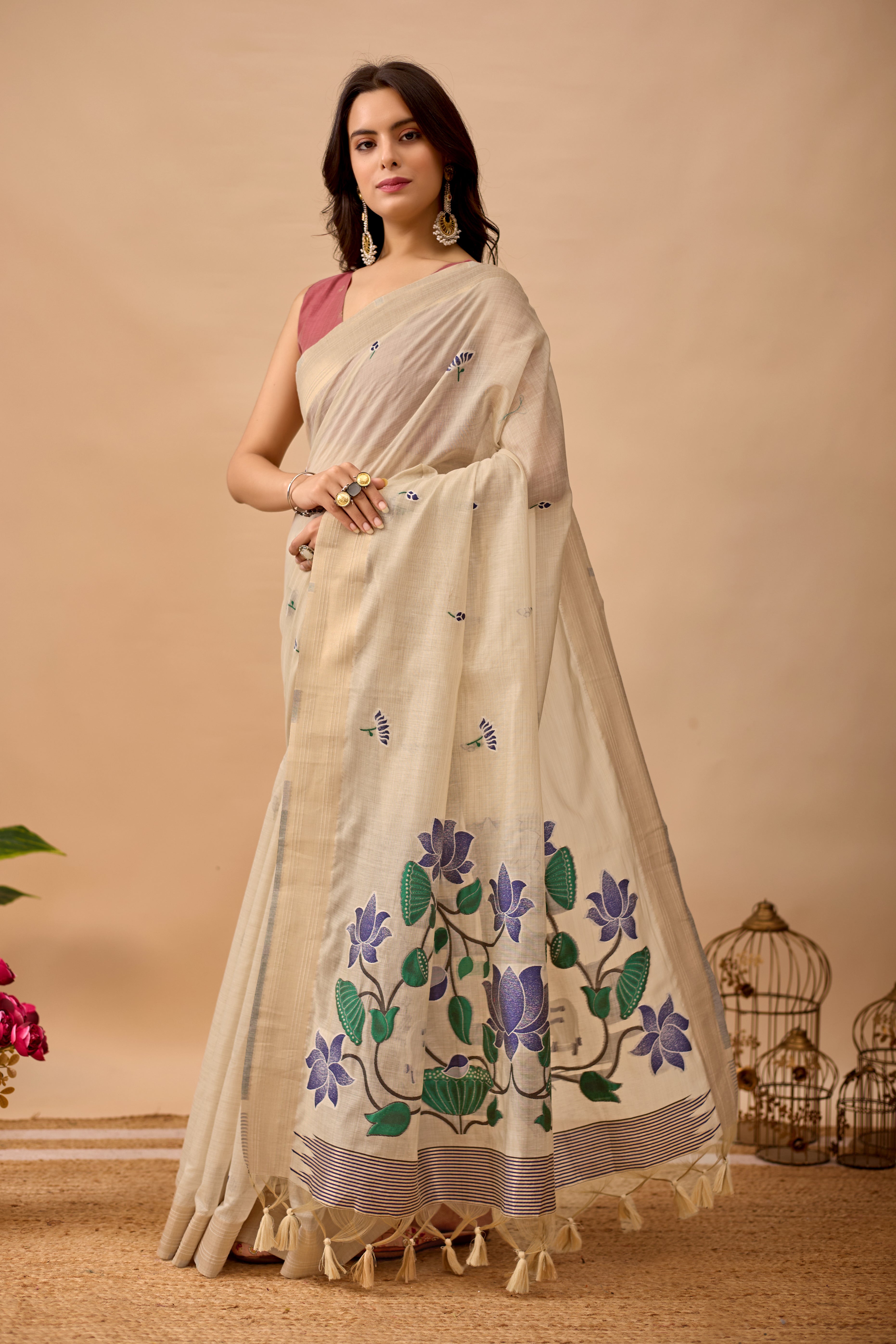 Cream Paithani Saree with Cow & Floral Pallu Design