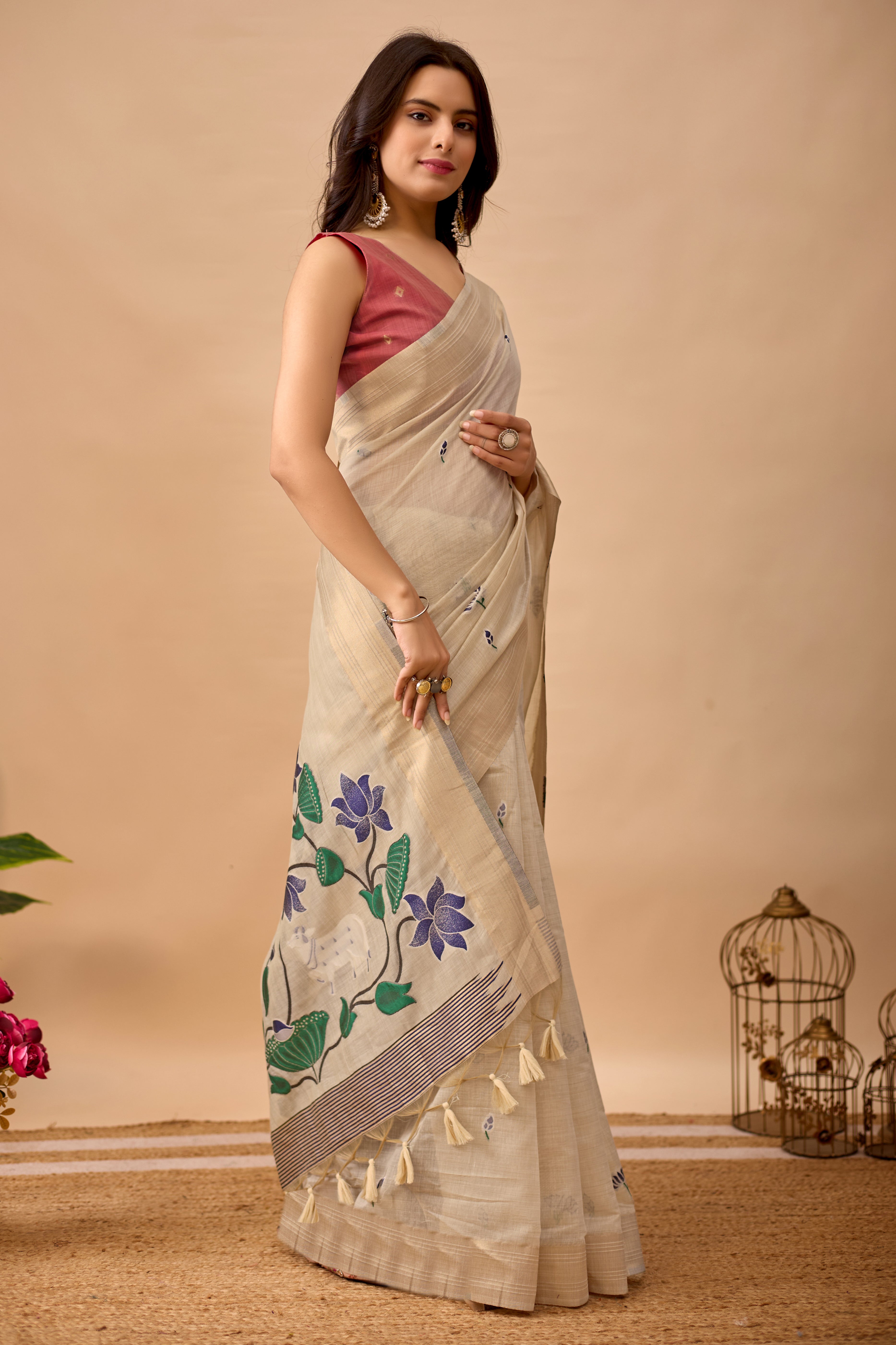 Cream Paithani Saree with Cow & Floral Pallu Design