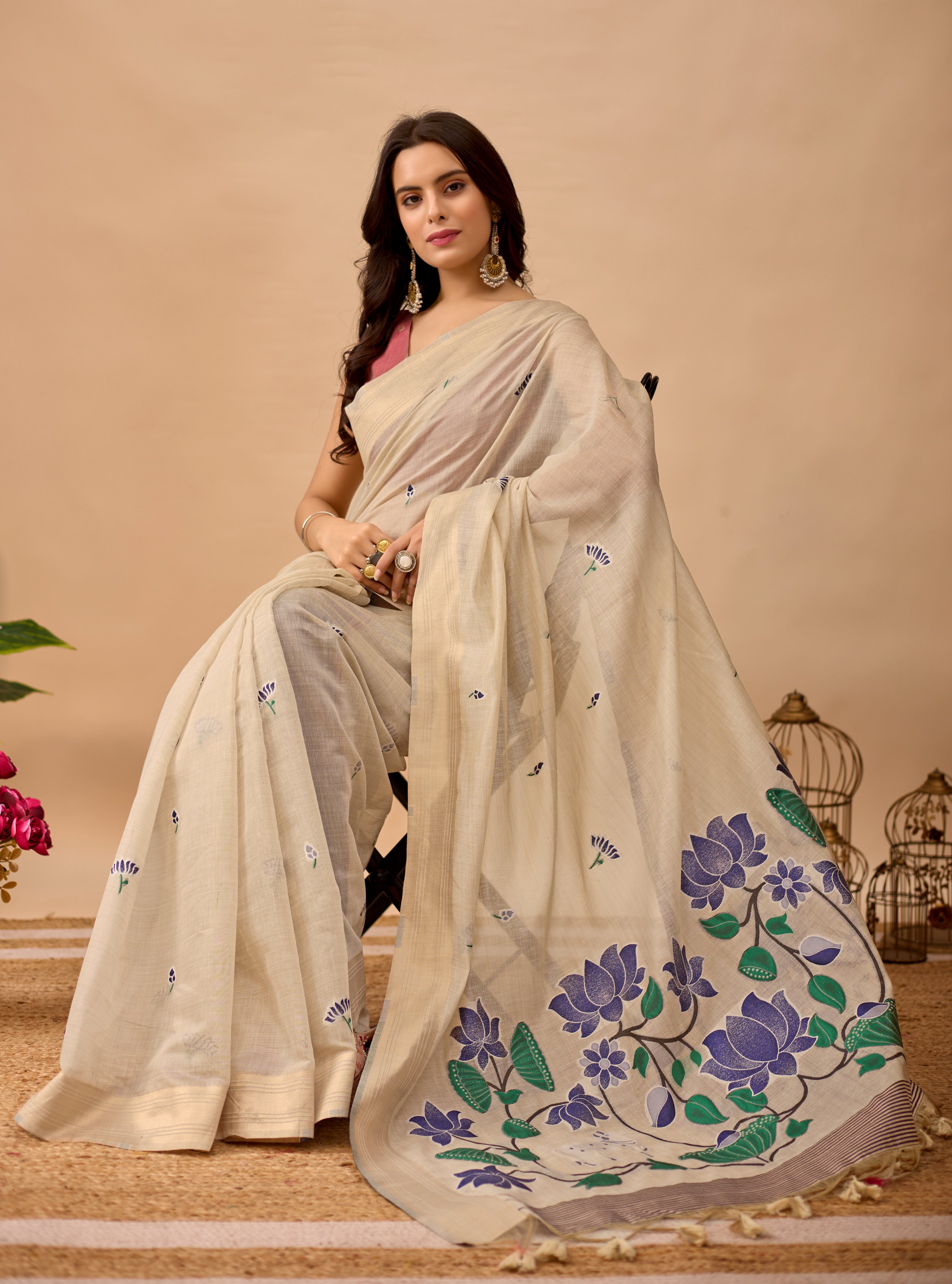 Cream Paithani Saree with Cow & Floral Pallu Design