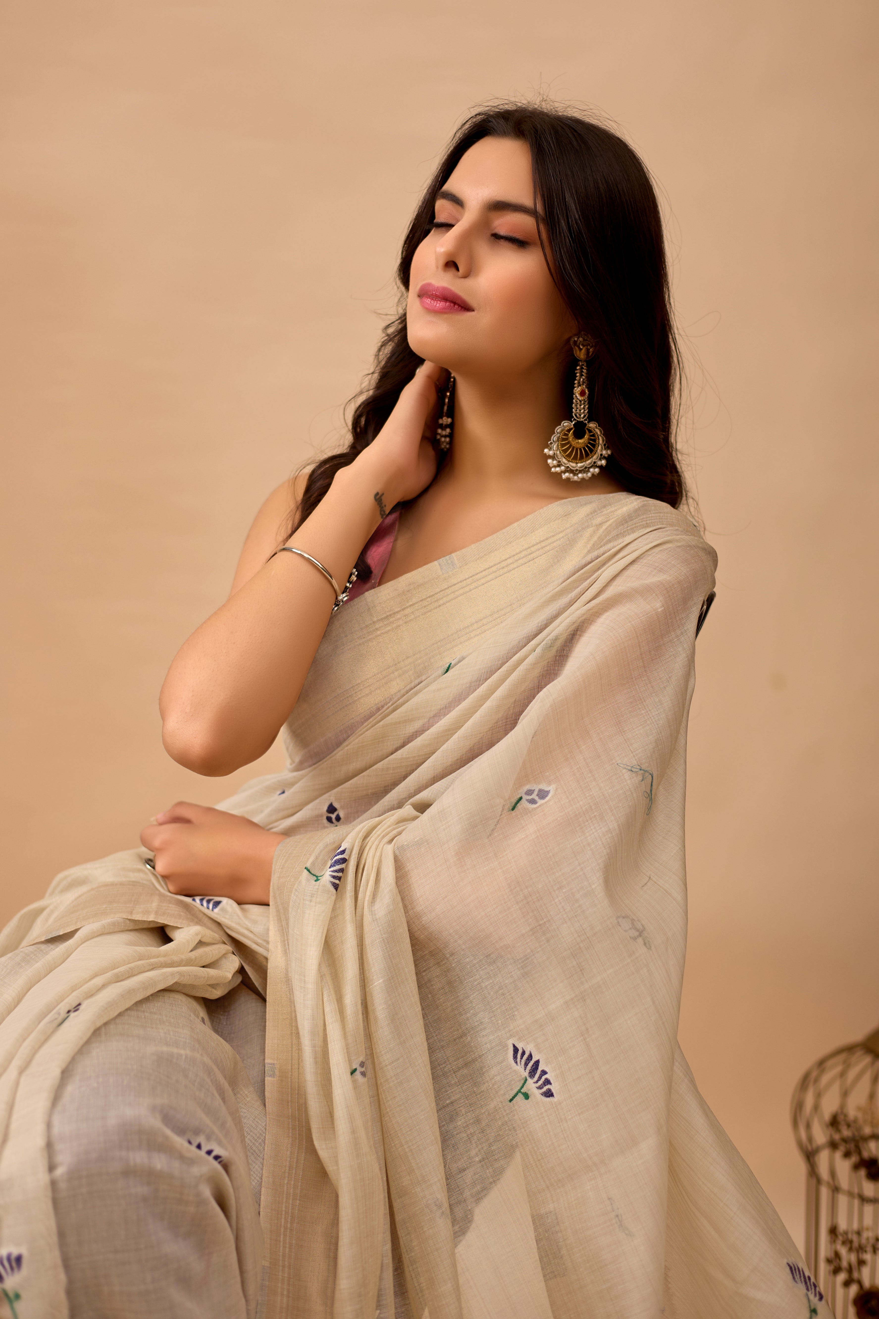 Cream Paithani Saree with Cow & Floral Pallu Design