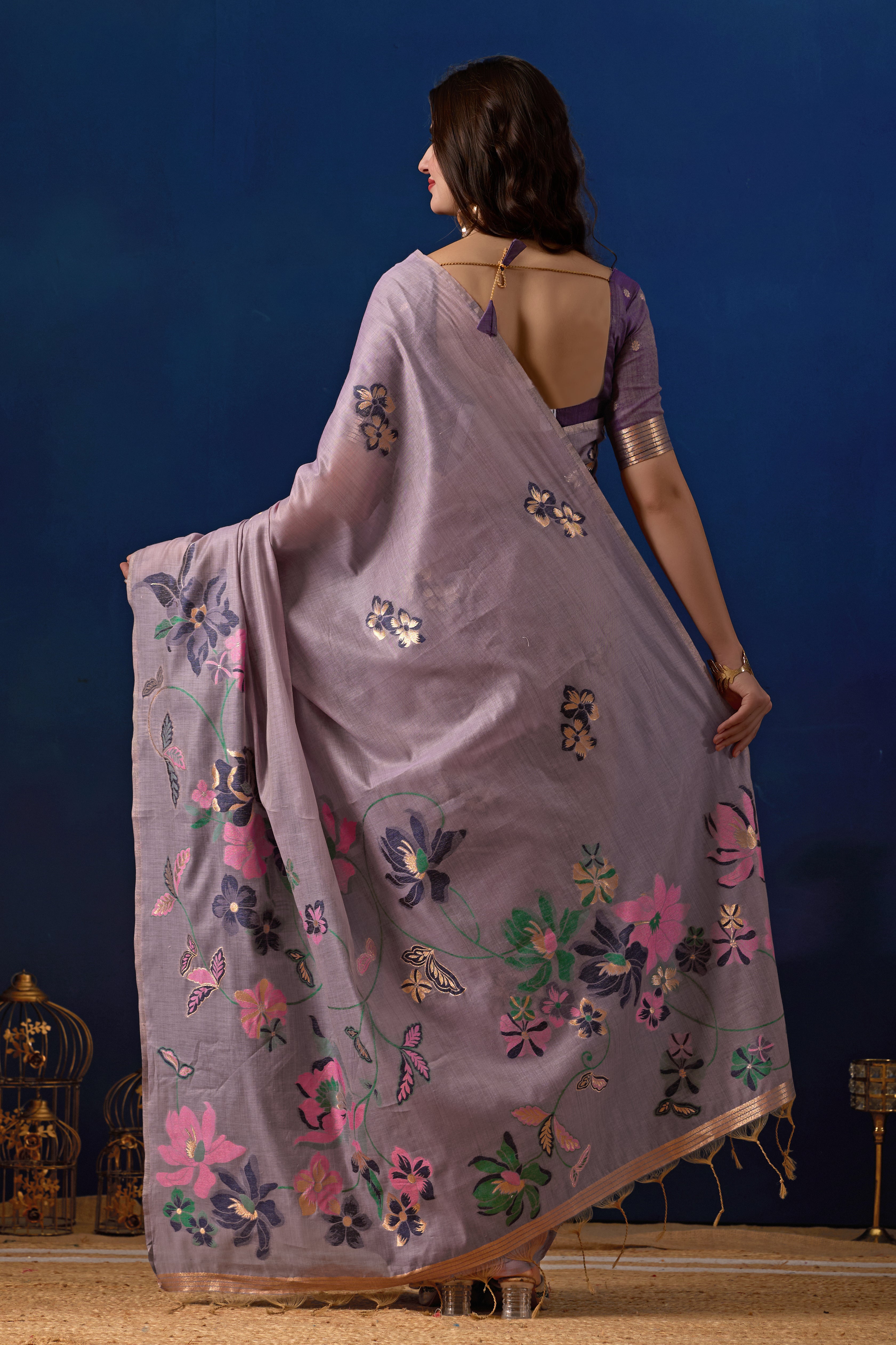 Elegant Floral Weave Muga Cotton Silk Saree in Lavender with Majanta Contrast