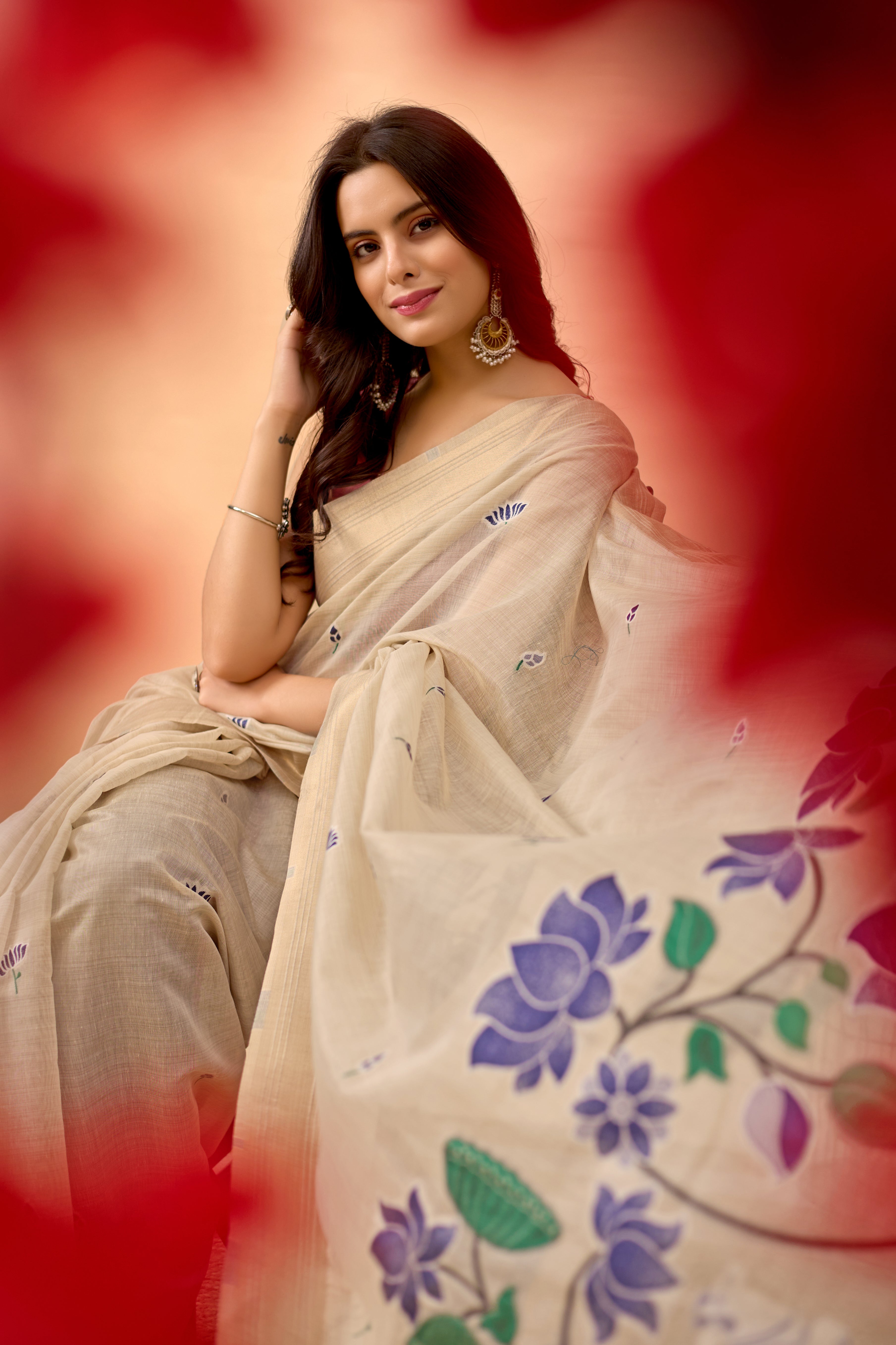 Cream Paithani Saree with Cow & Floral Pallu Design