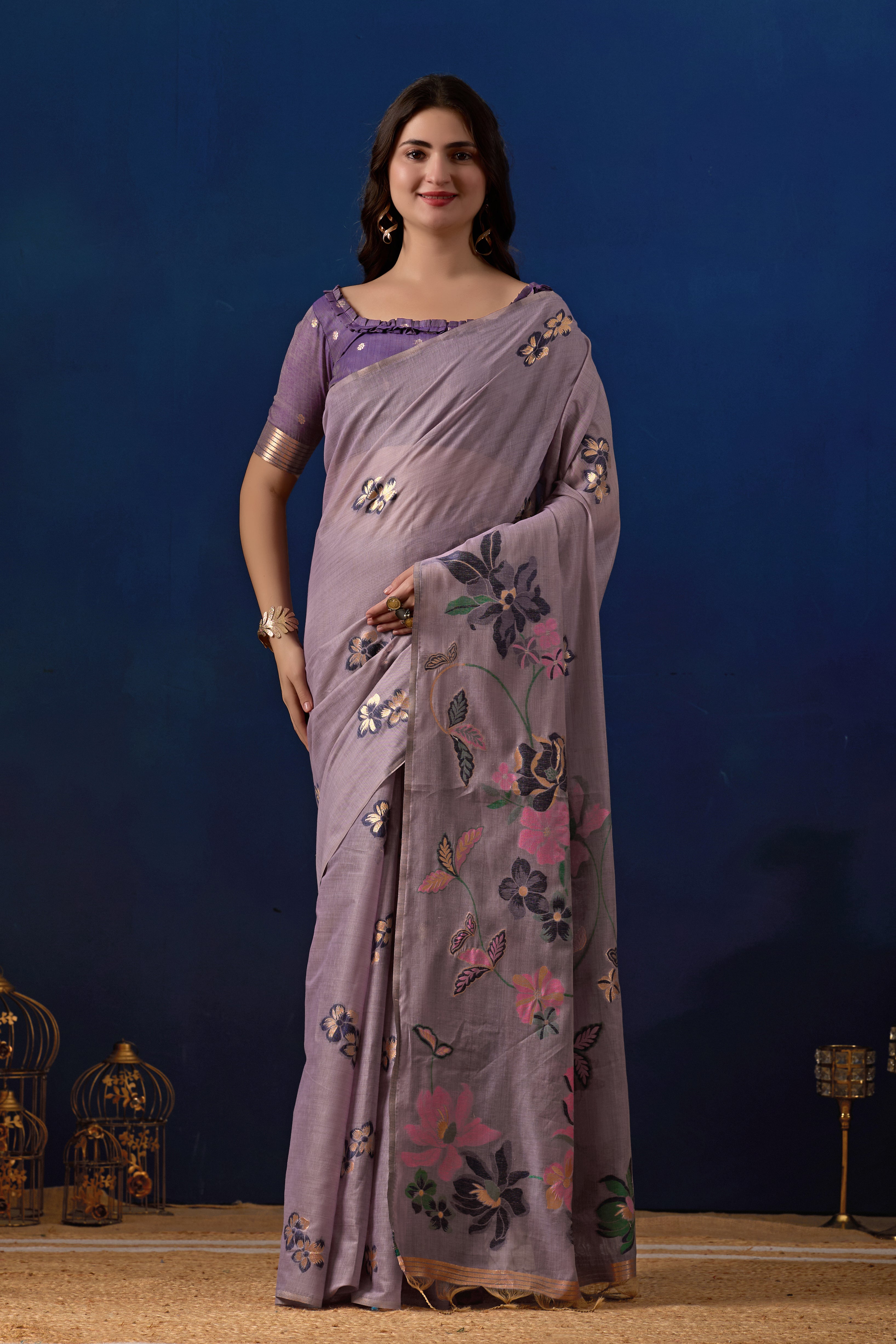 Elegant Floral Weave Muga Cotton Silk Saree in Lavender with Majanta Contrast