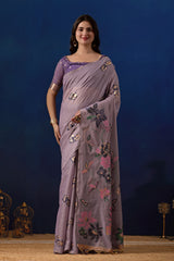 Elegant Floral Weave Muga Cotton Silk Saree in Lavender with Majanta Contrast