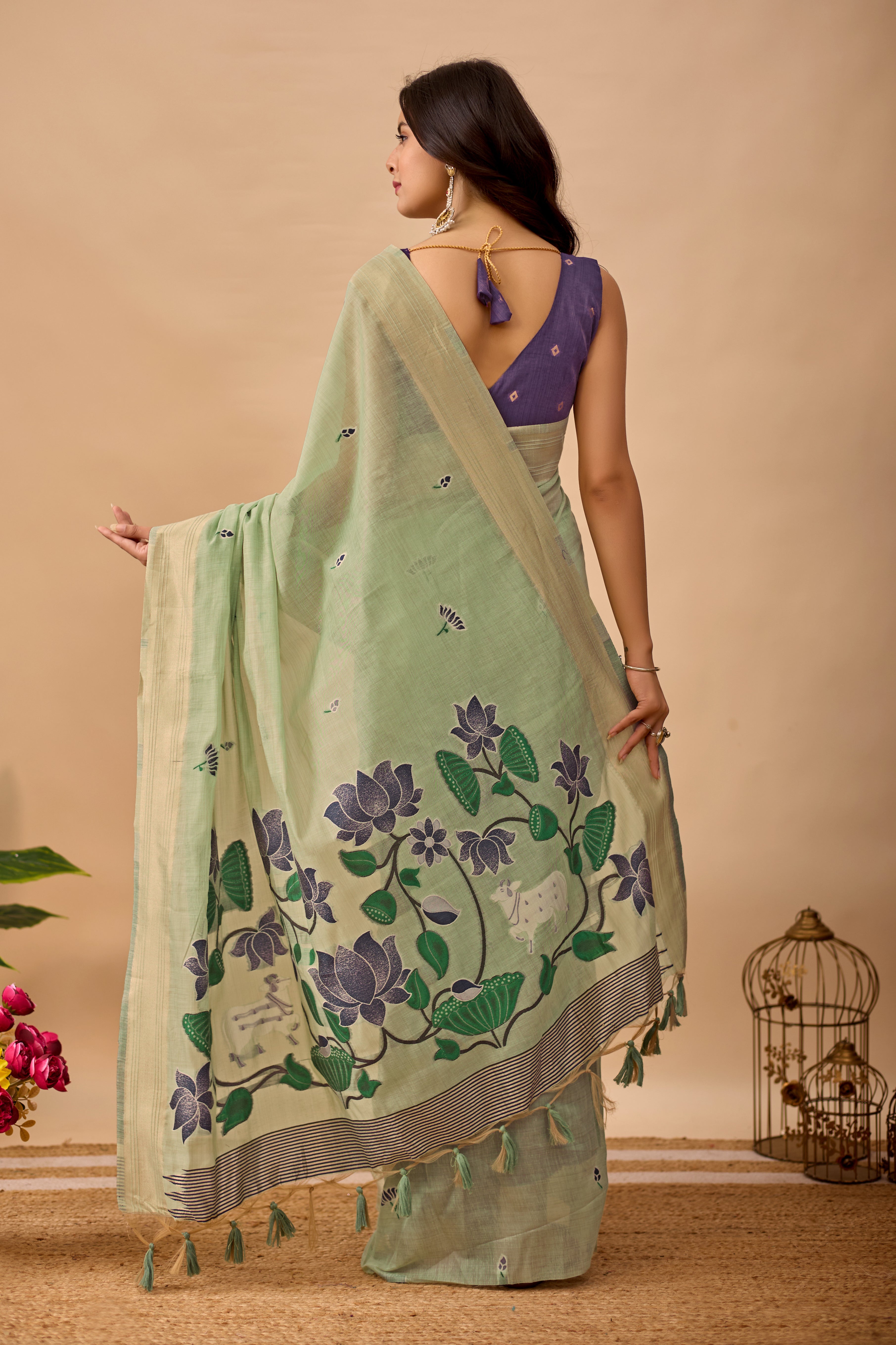 C Green Paithani Saree with Cow & Floral Pallu Design