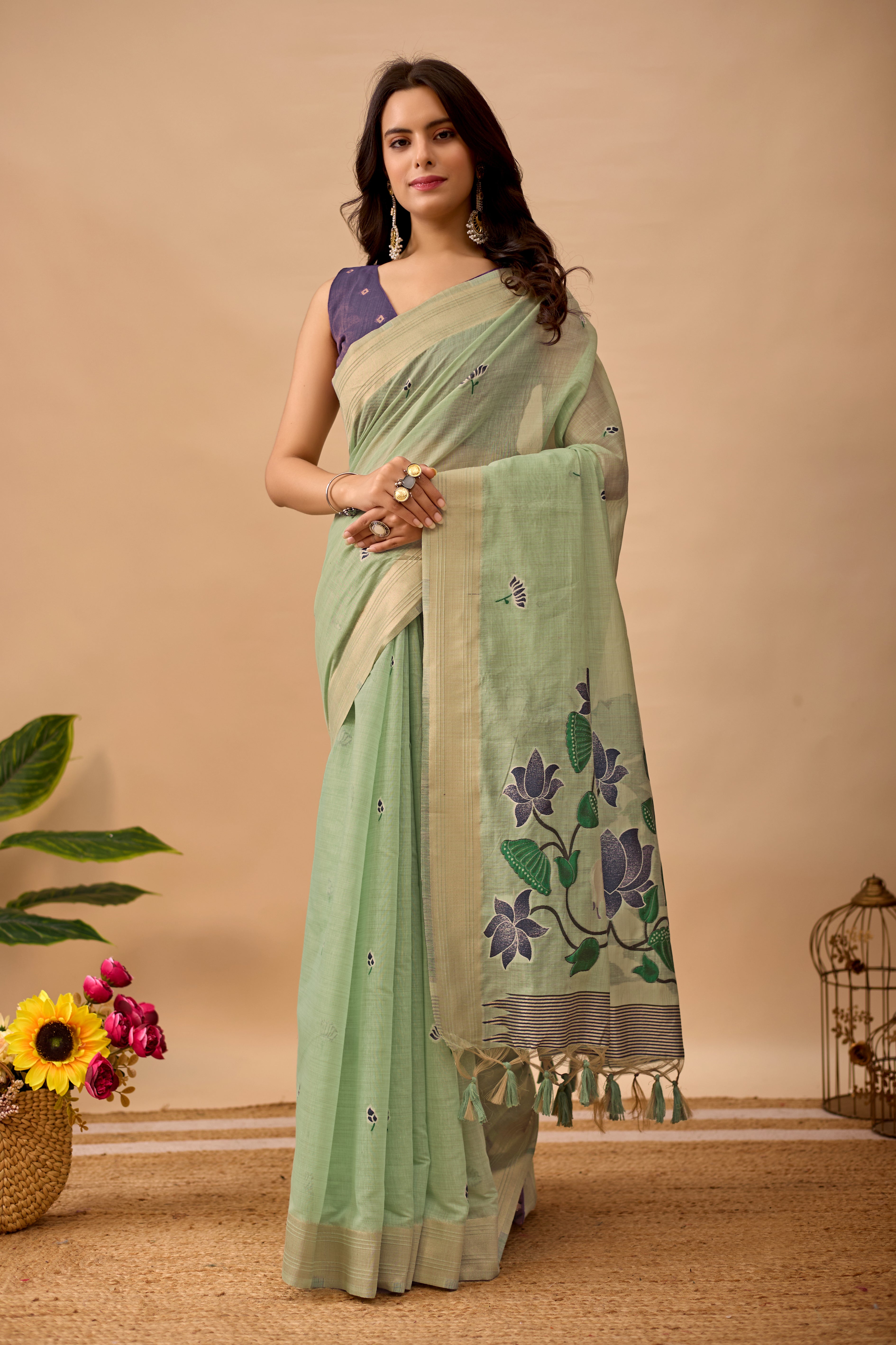 C Green Paithani Saree with Cow & Floral Pallu Design