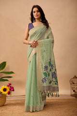 C Green Paithani Saree with Cow & Floral Pallu Design
