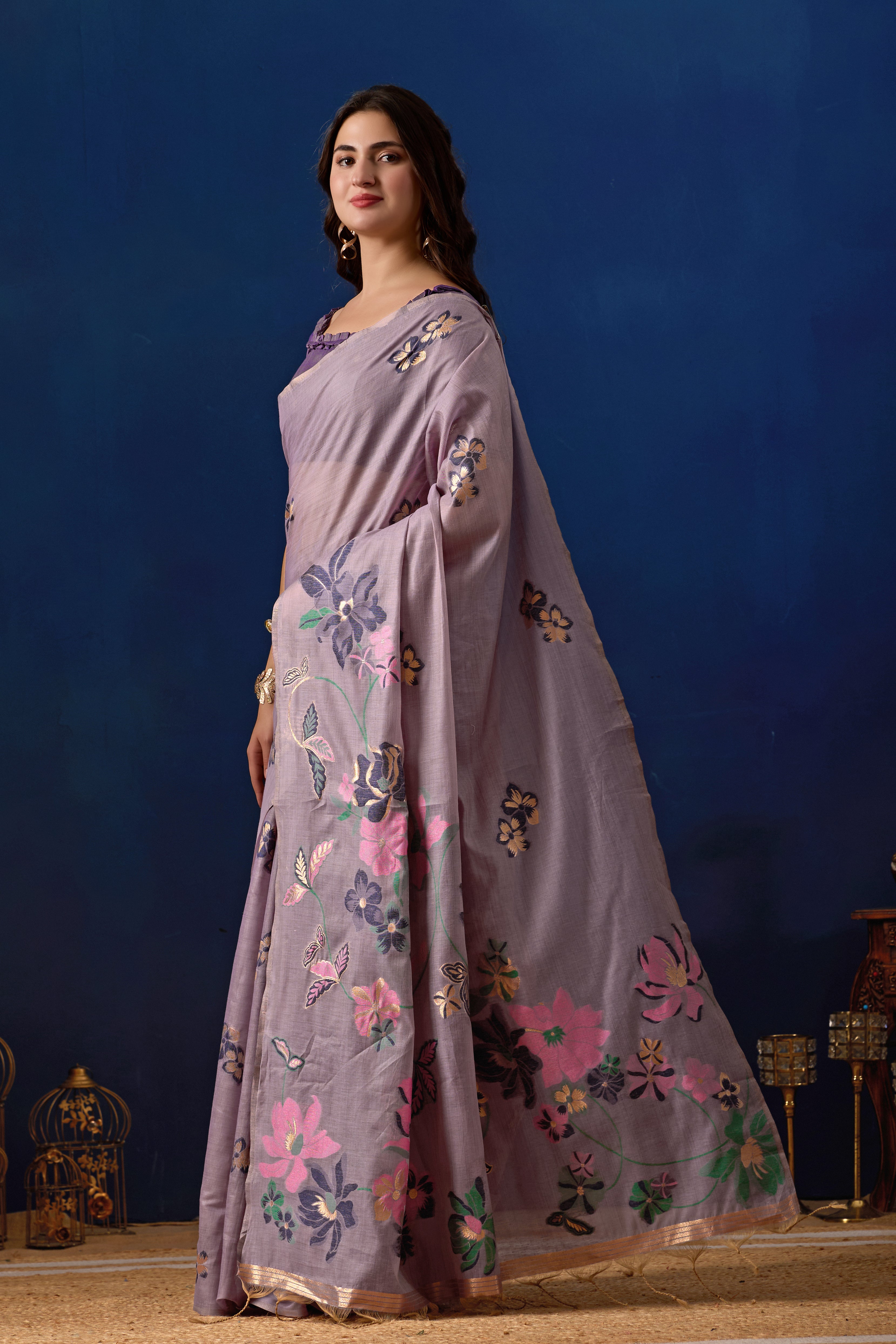 Elegant Floral Weave Muga Cotton Silk Saree in Lavender with Majanta Contrast