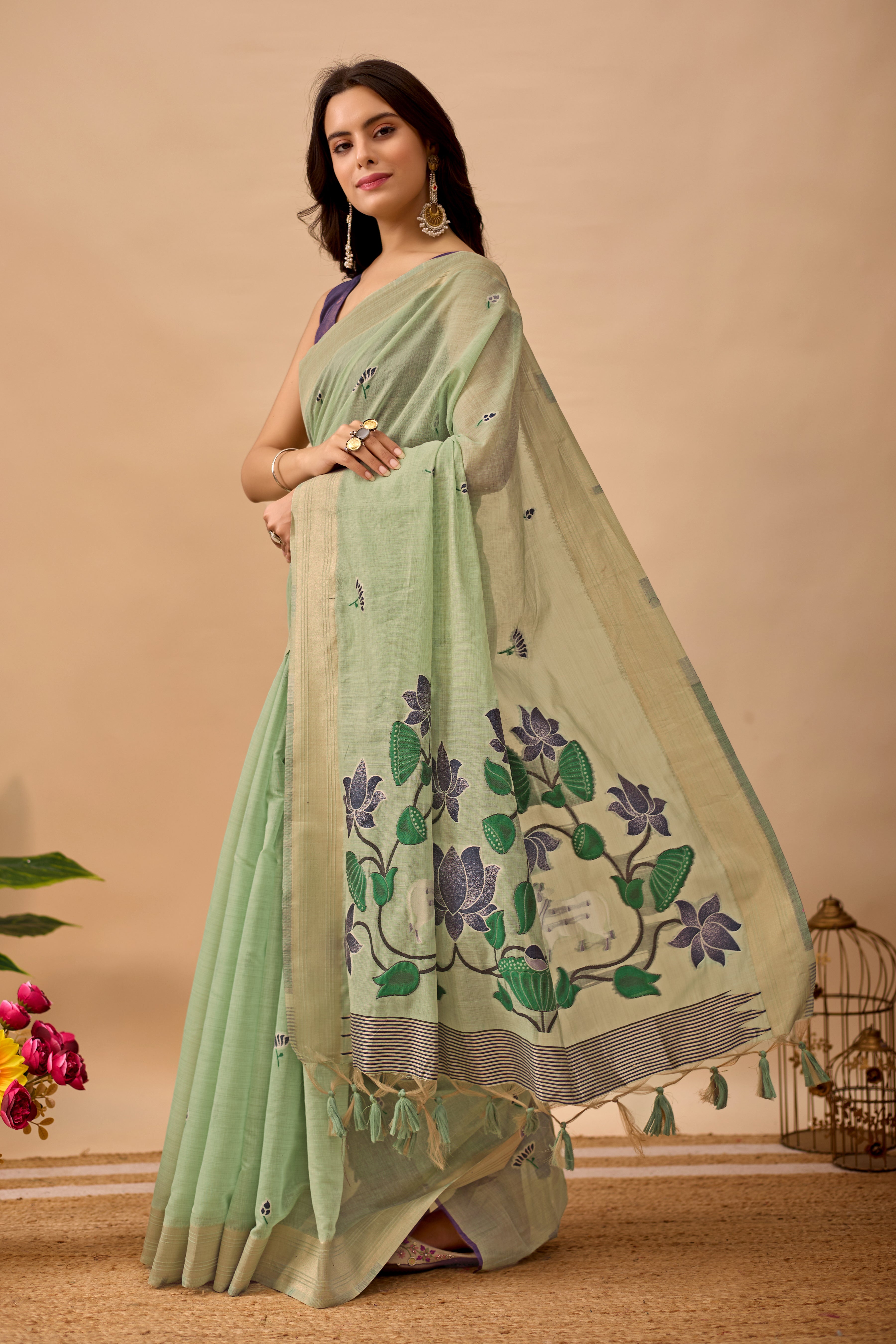 C Green Paithani Saree with Cow & Floral Pallu Design