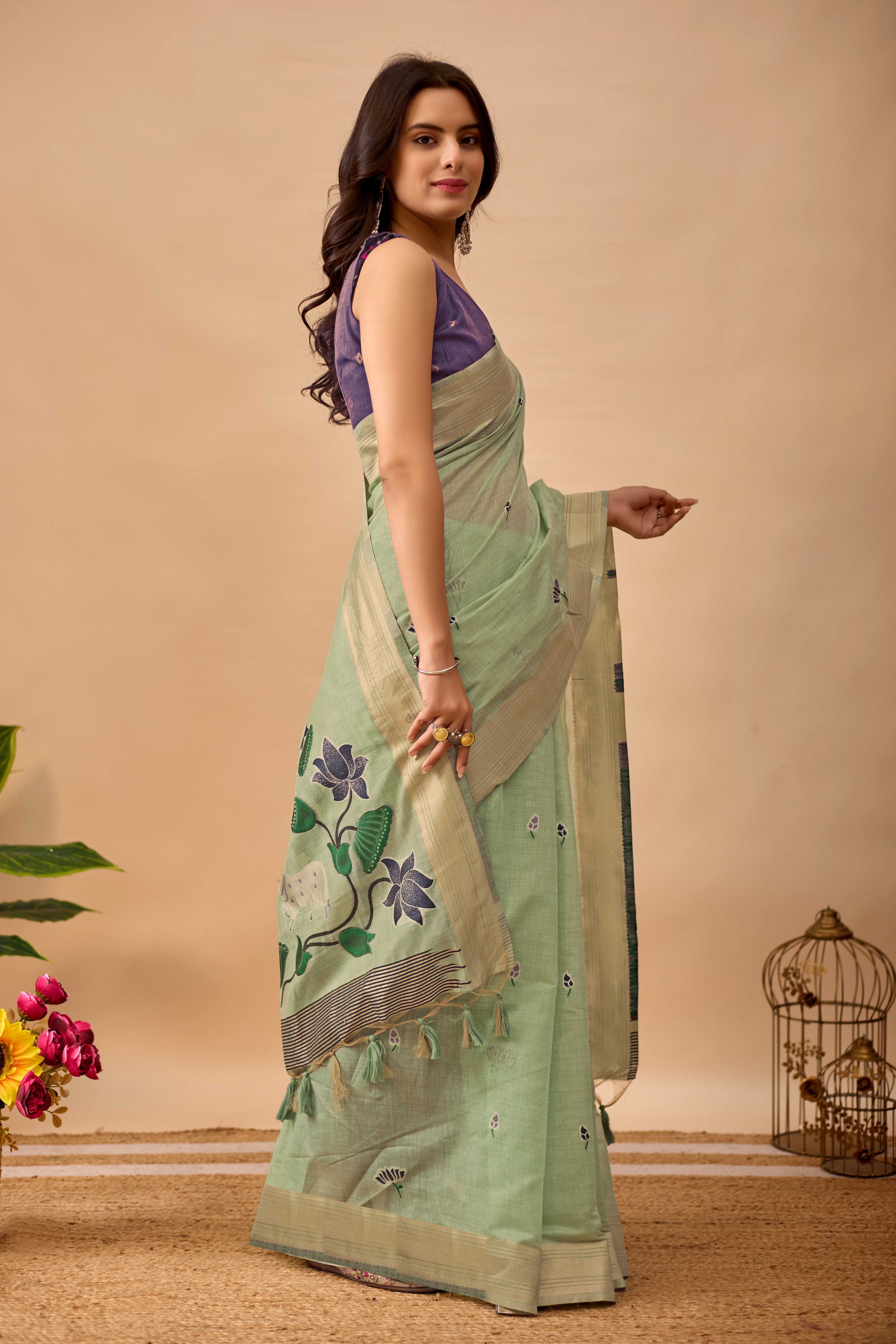 C Green Paithani Saree with Cow & Floral Pallu Design