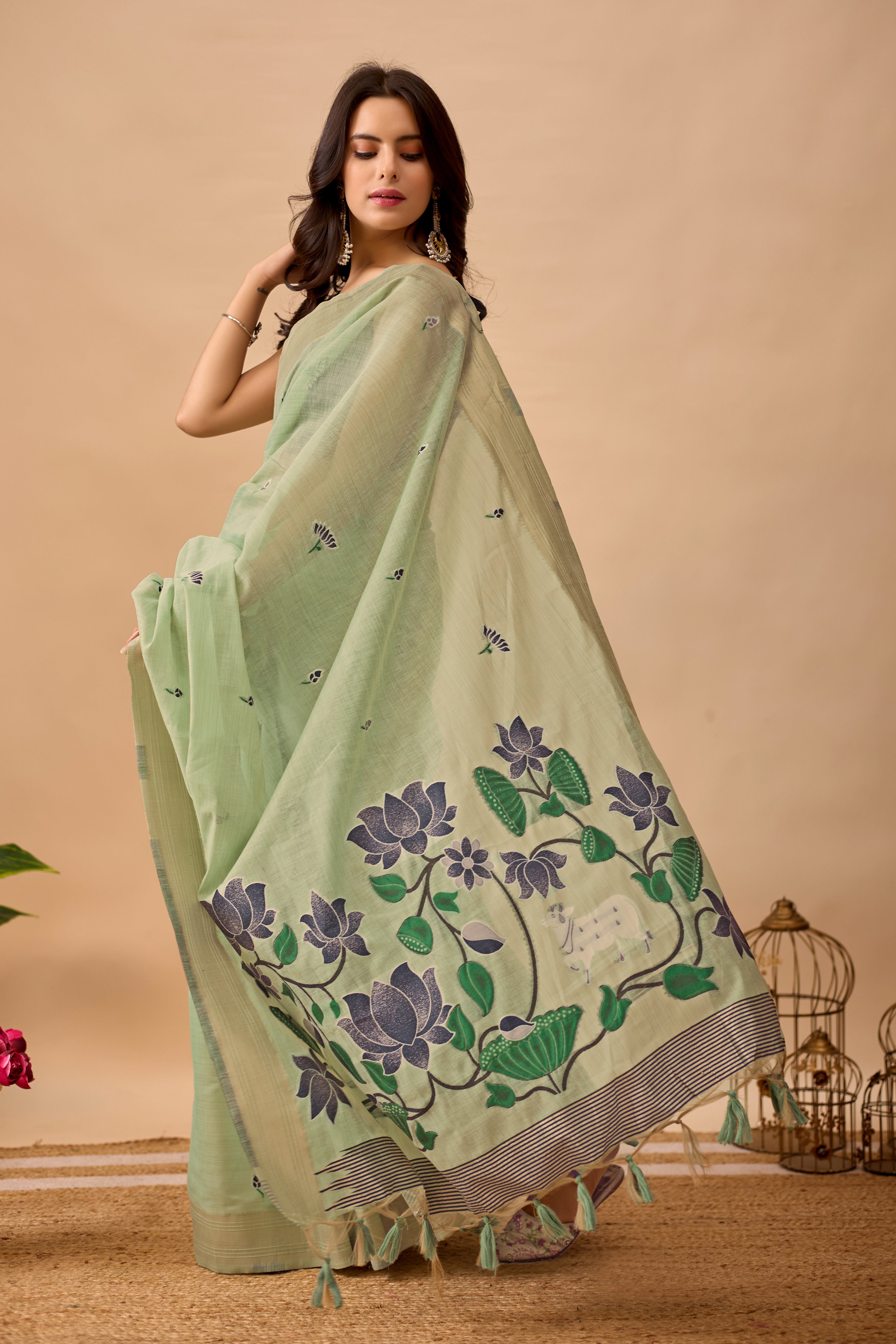 C Green Paithani Saree with Cow & Floral Pallu Design