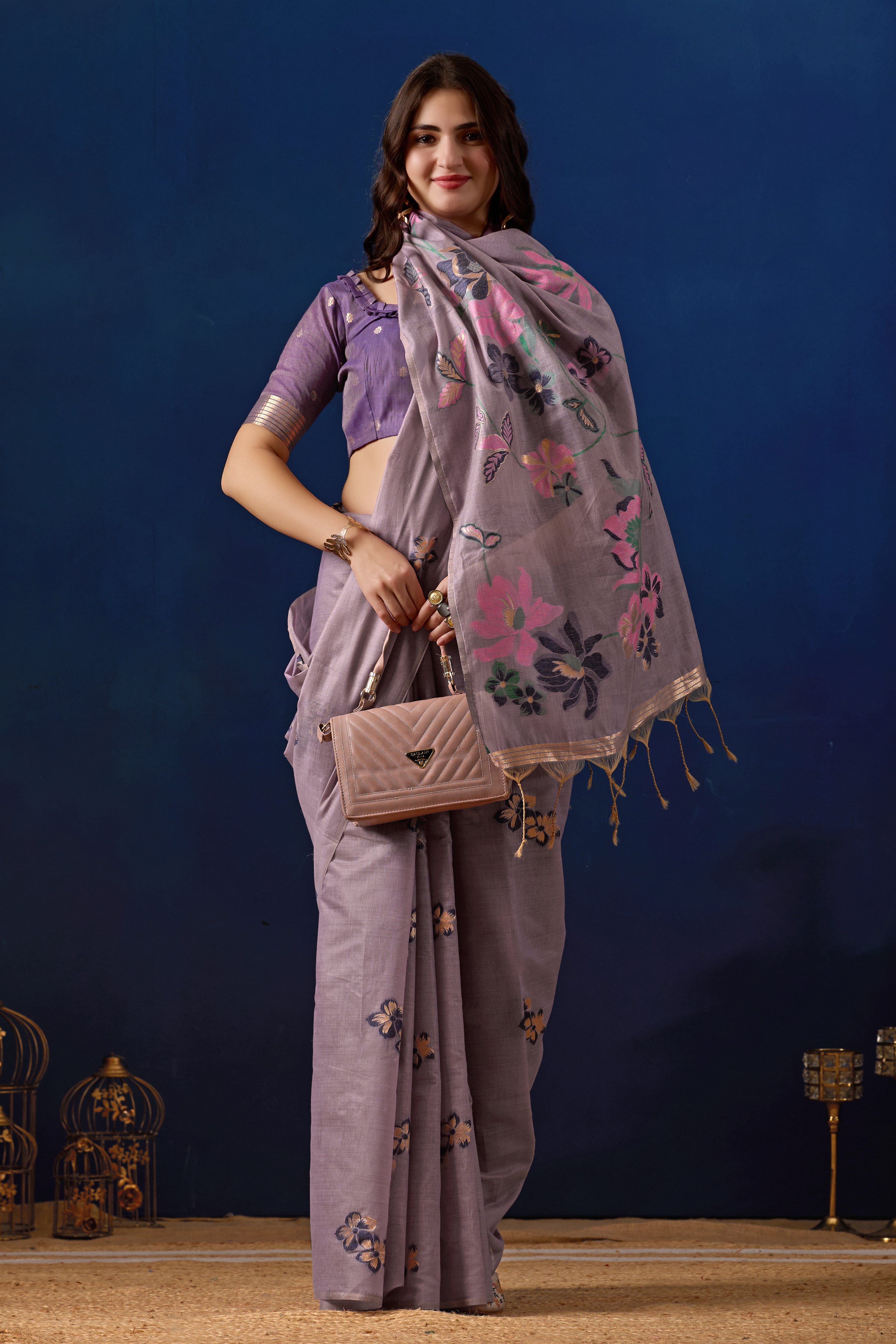 Elegant Floral Weave Muga Cotton Silk Saree in Lavender with Majanta Contrast
