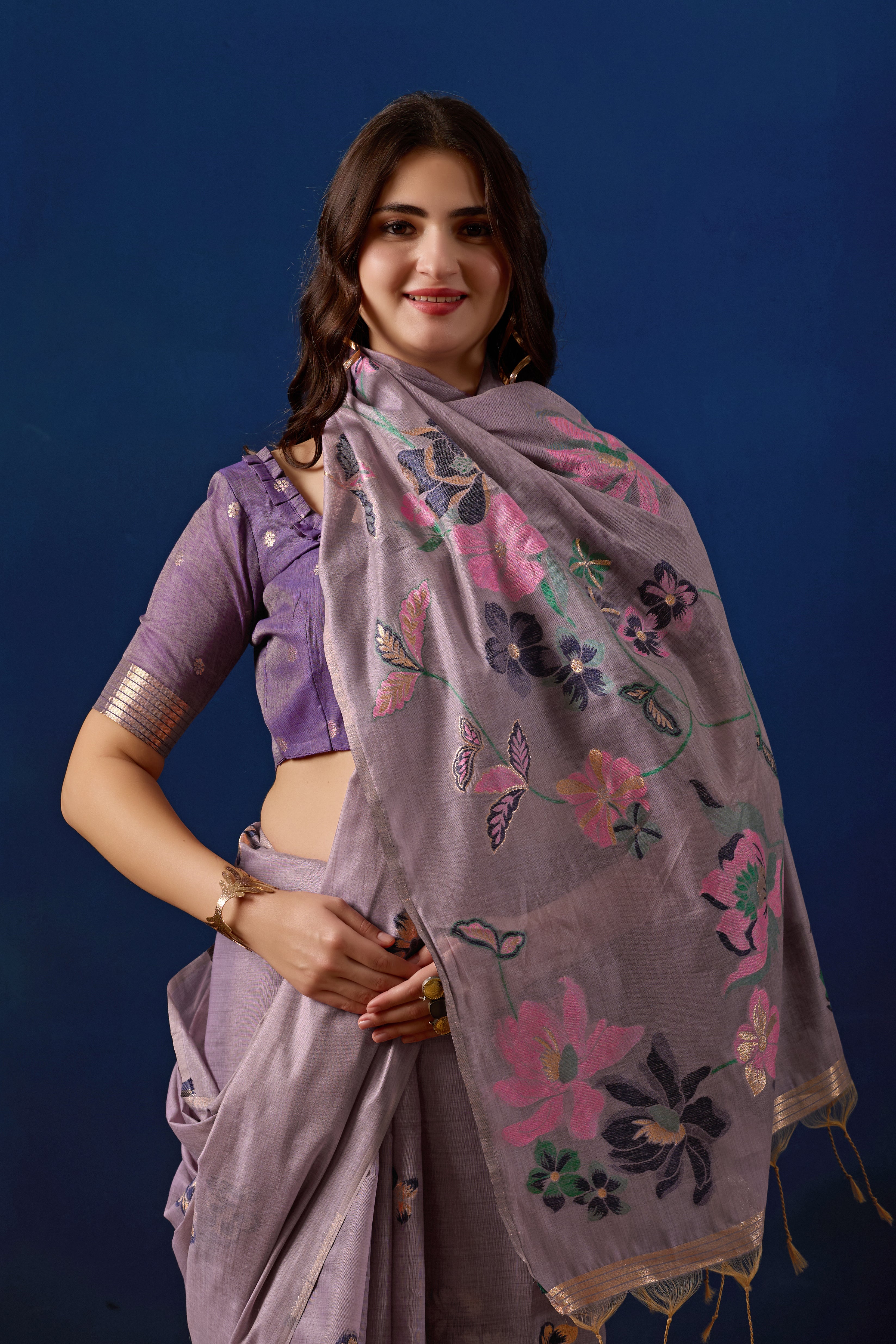 Elegant Floral Weave Muga Cotton Silk Saree in Lavender with Majanta Contrast