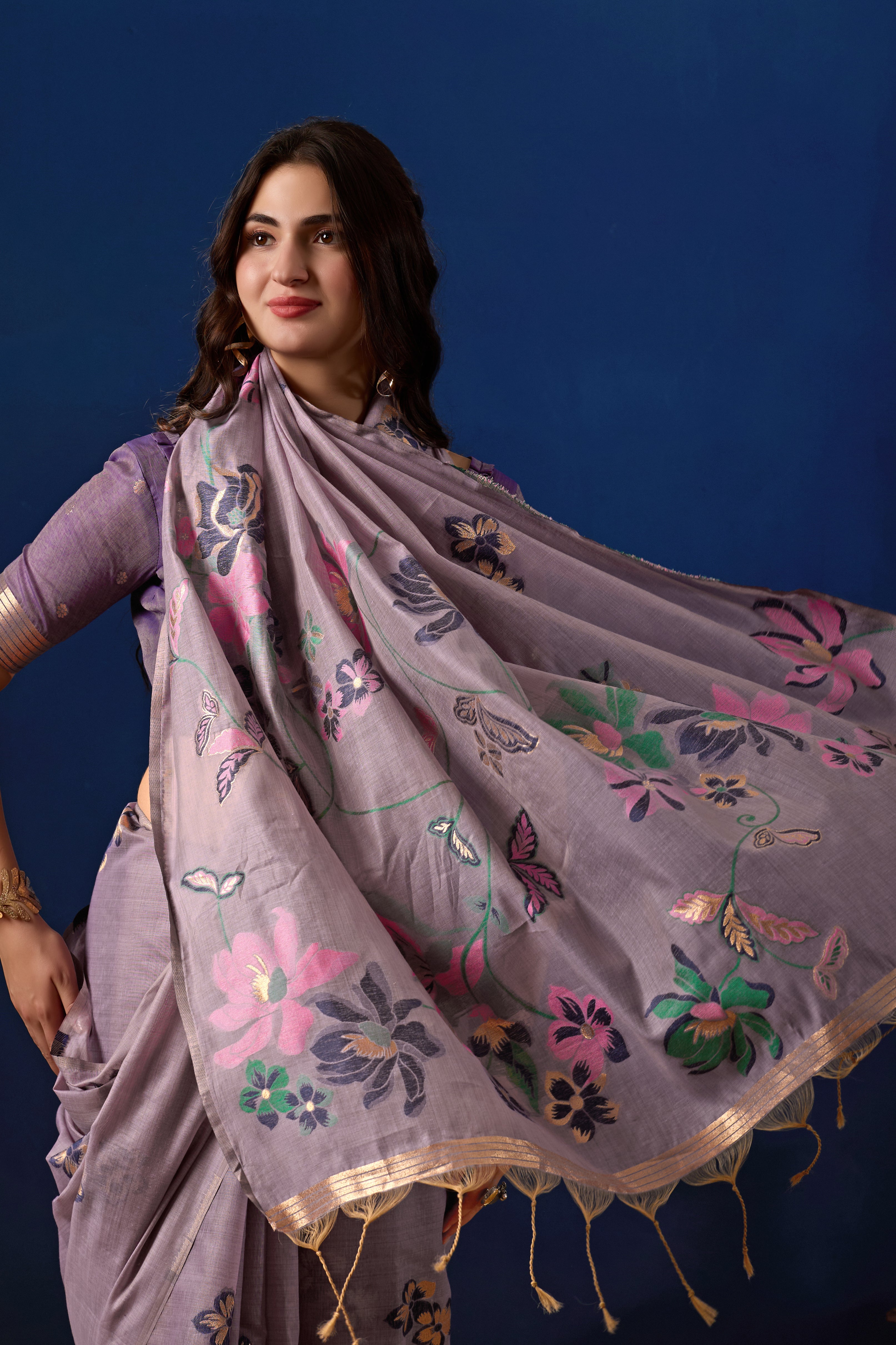 Elegant Floral Weave Muga Cotton Silk Saree in Lavender with Majanta Contrast