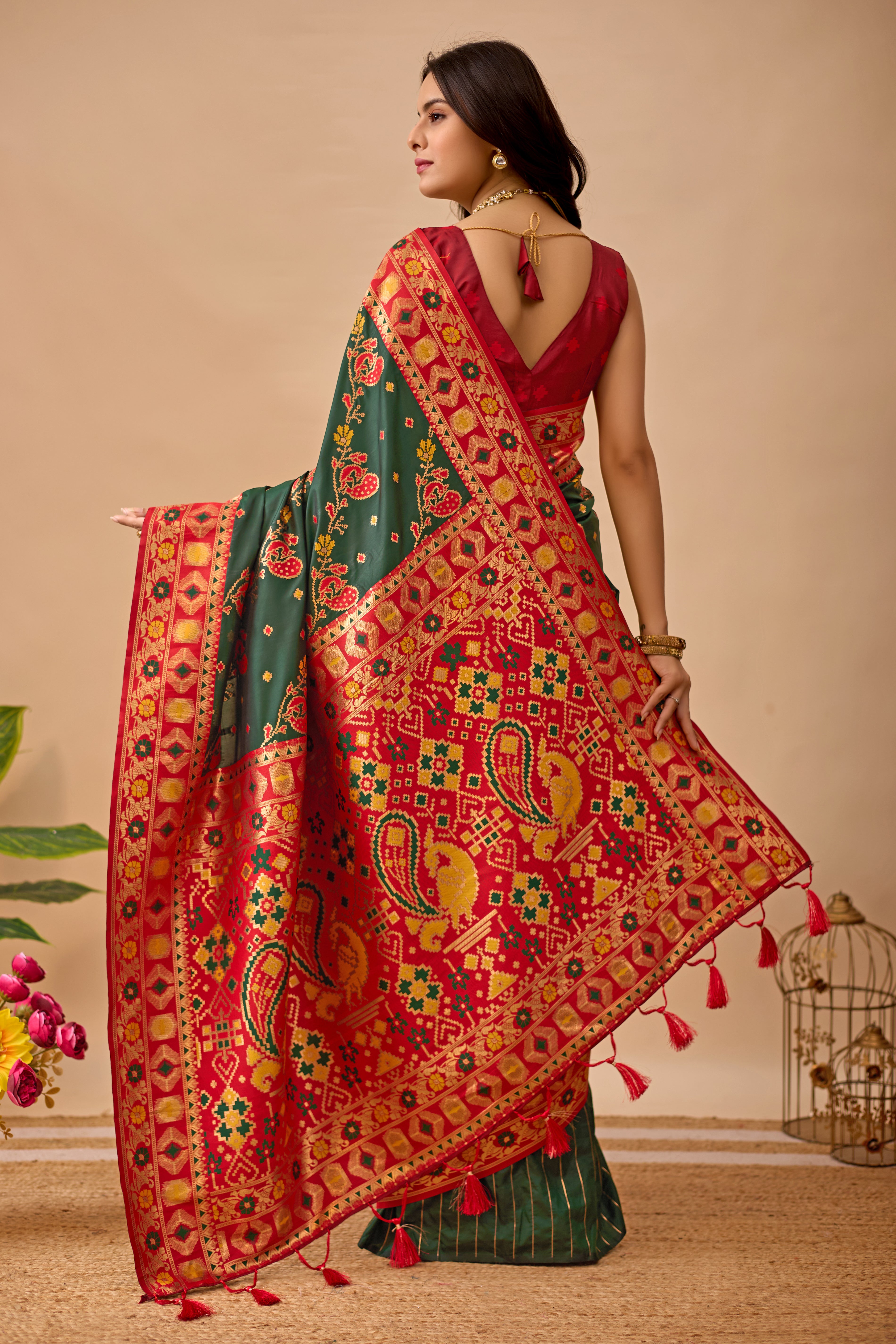 Dark Green Banarasi Silk Saree with Peacock Motifs & Red Contrast Pallu