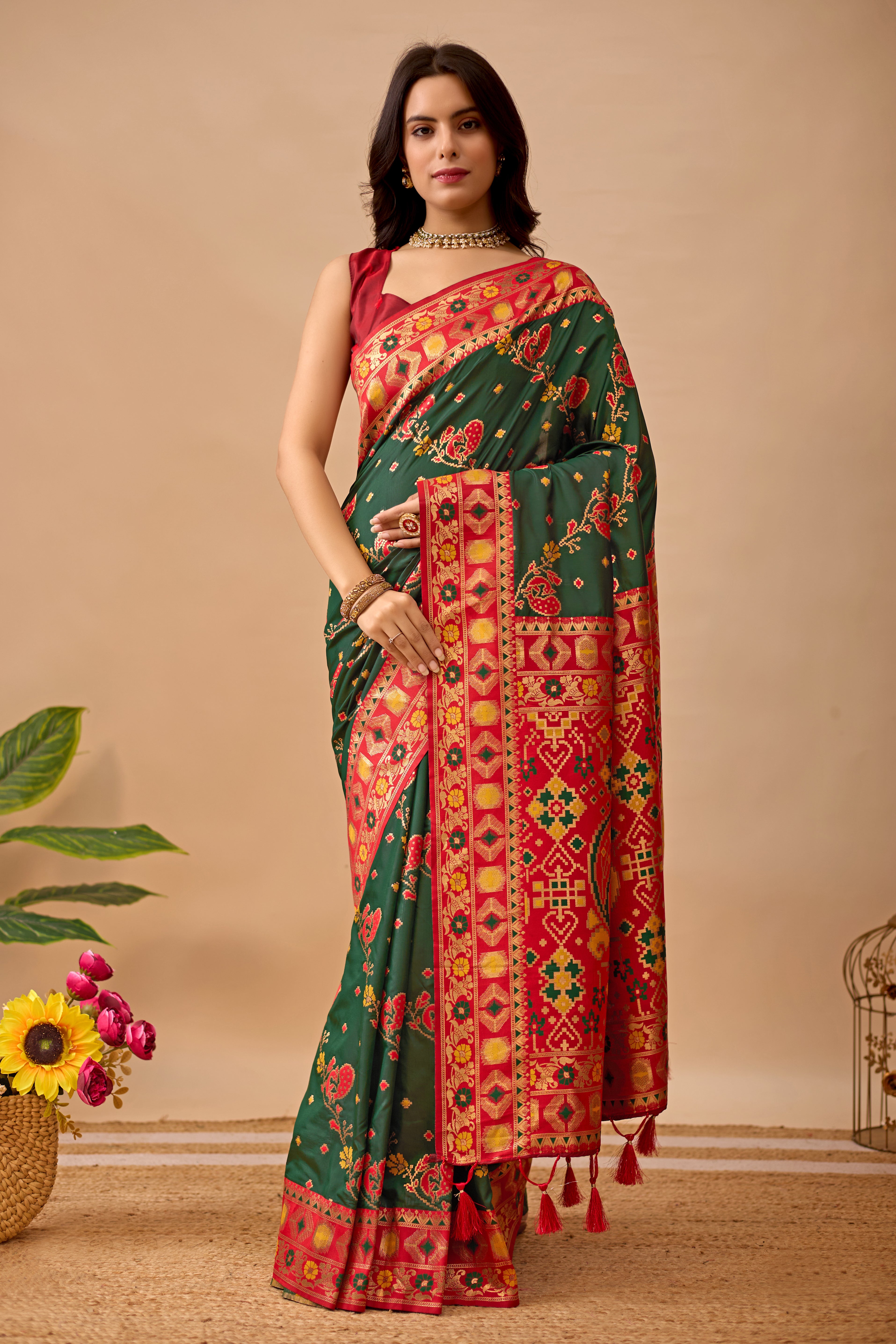 Dark Green Banarasi Silk Saree with Peacock Motifs & Red Contrast Pallu
