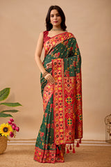 Dark Green Banarasi Silk Saree with Peacock Motifs & Red Contrast Pallu