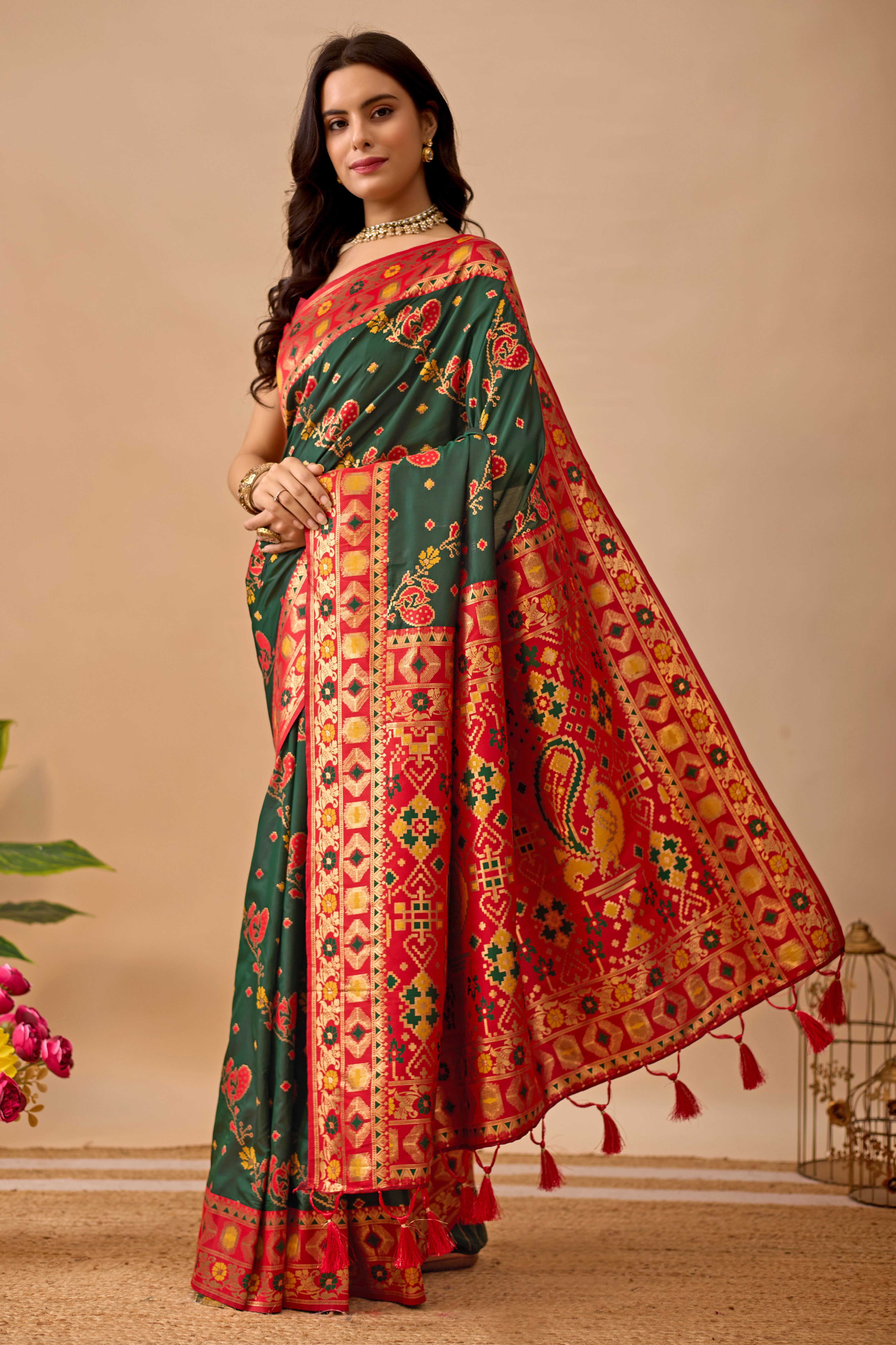 Dark Green Banarasi Silk Saree with Peacock Motifs & Red Contrast Pallu