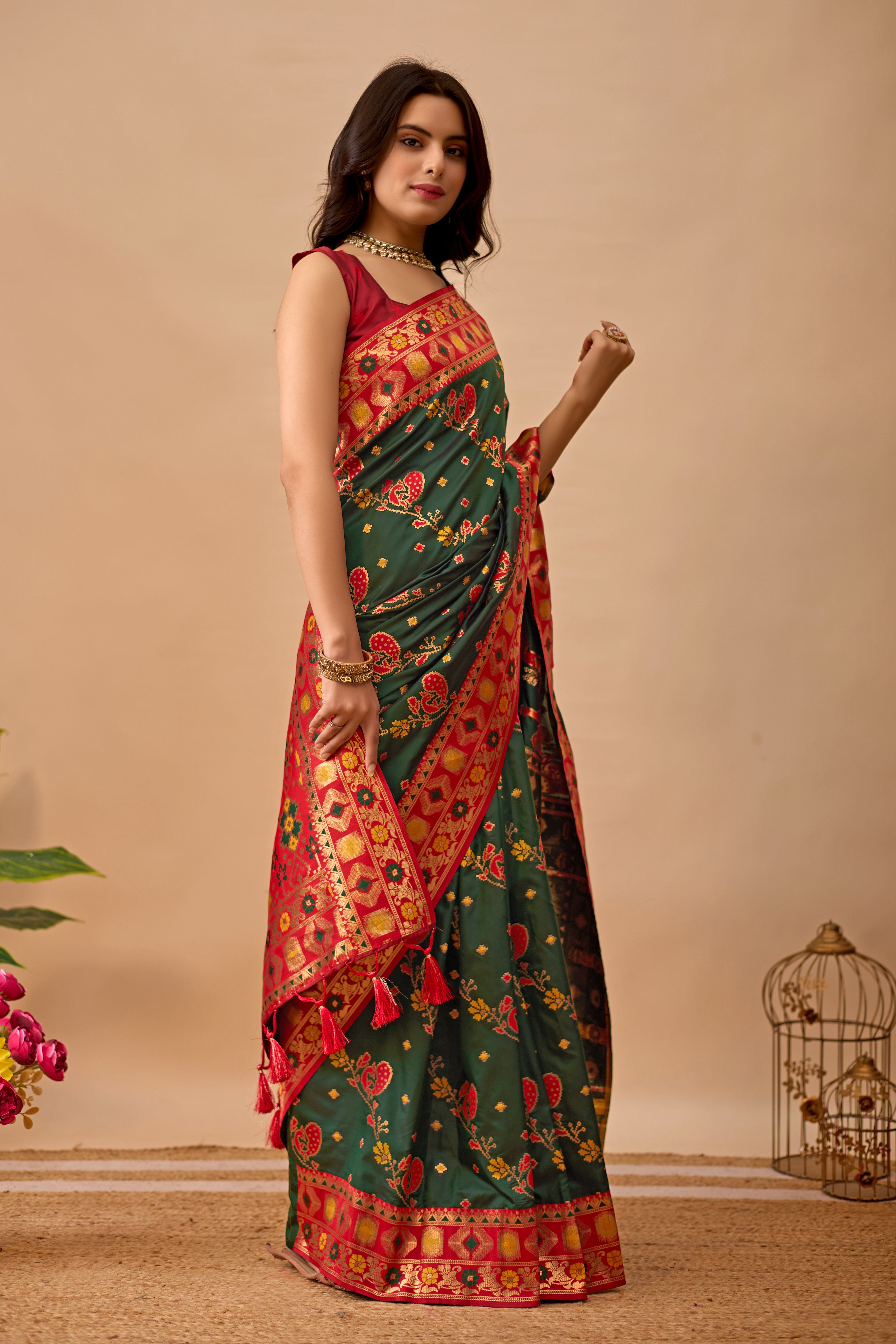 Dark Green Banarasi Silk Saree with Peacock Motifs & Red Contrast Pallu