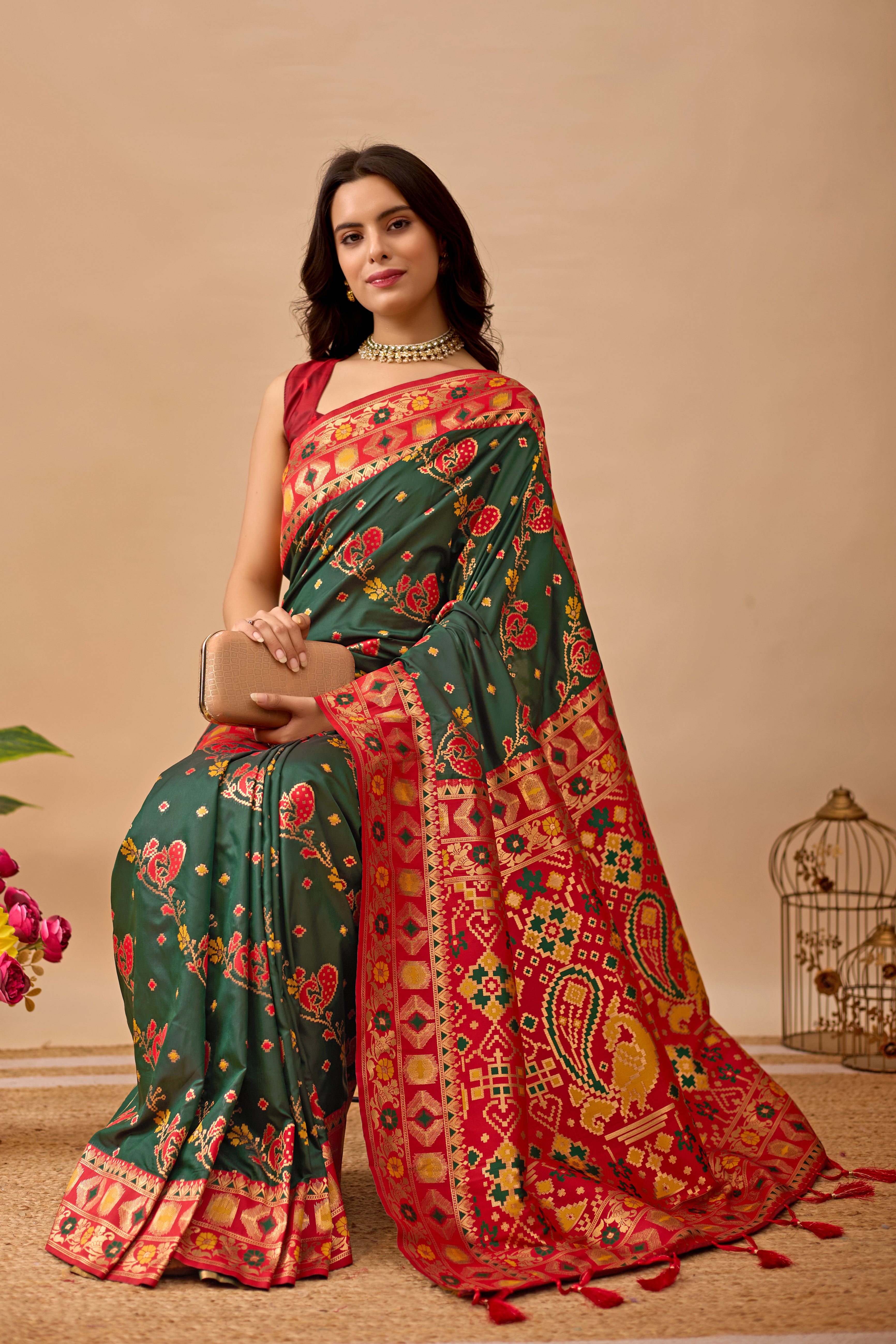 Dark Green Banarasi Silk Saree with Peacock Motifs & Red Contrast Pallu